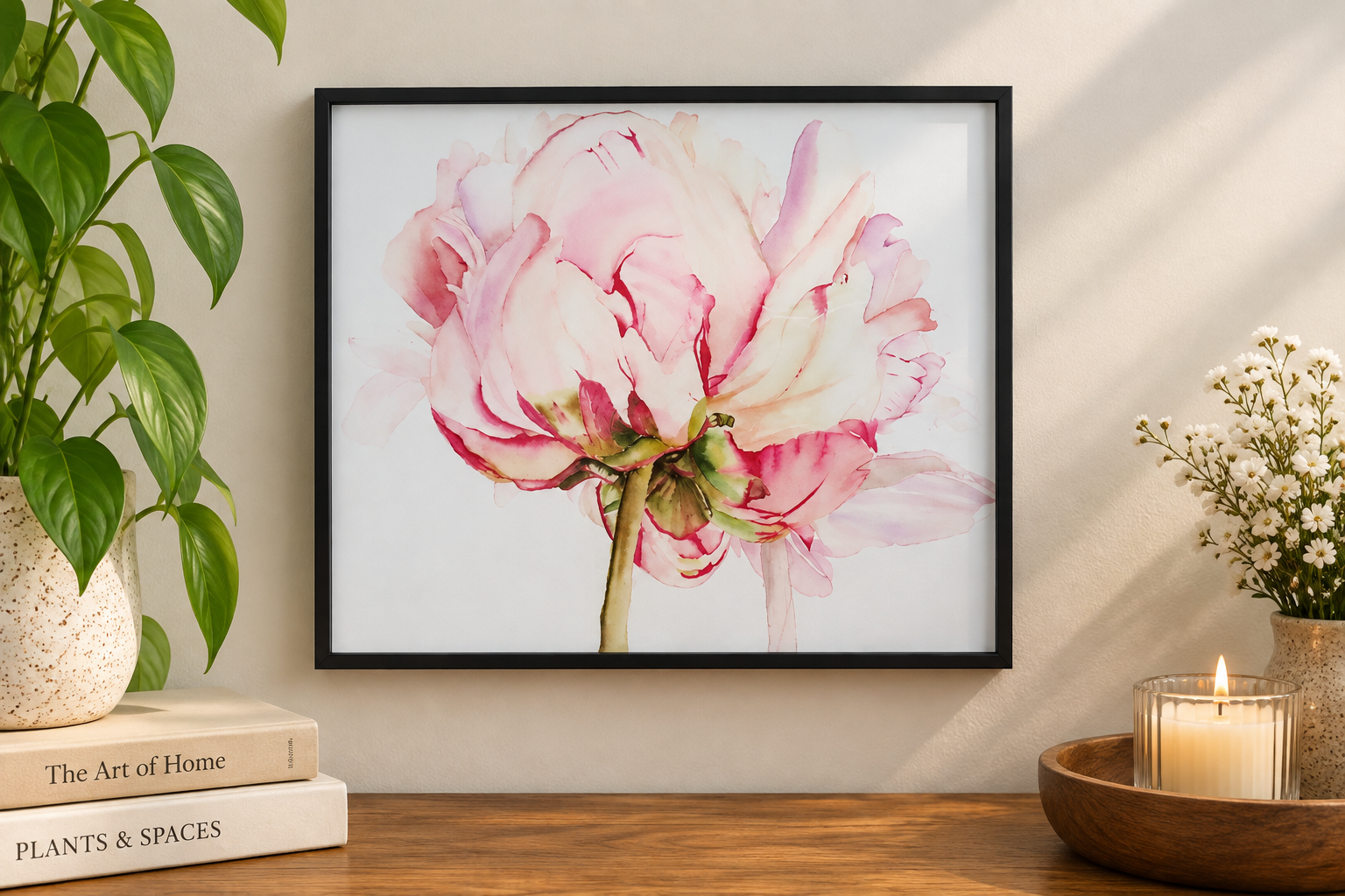 Blushing Peony 8x10 watercolor print featuring a large soft pink peony with raspberry accents and green stem in a slim black frame.