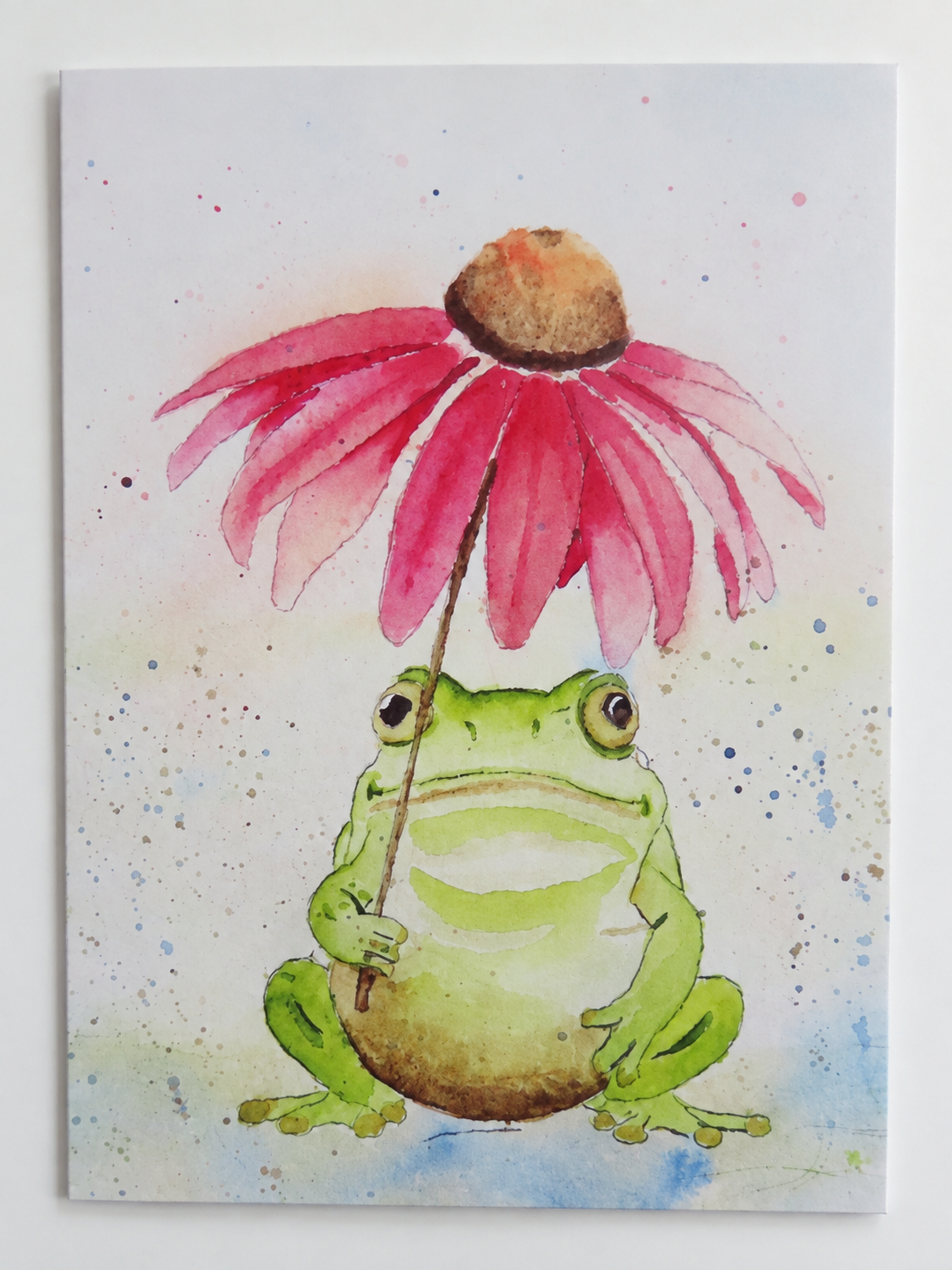 Whimsical Frog & Pink Cosmo Flower Watercolor Greeting Card Print – 5" × 7"