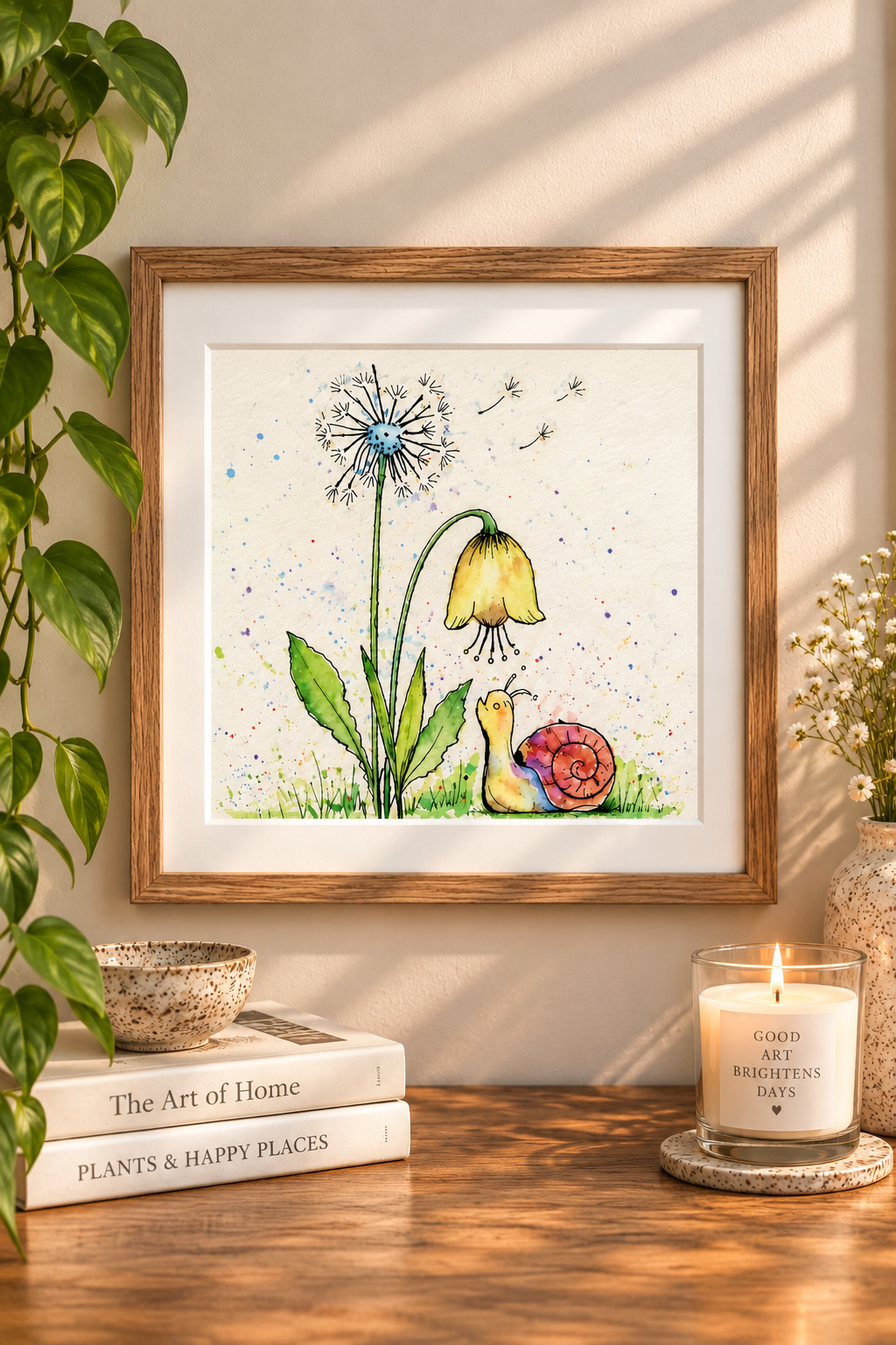 Whimsical watercolor snail and garden flower print displayed in a natural wood frame on a warm neutral wall with botanical decor.