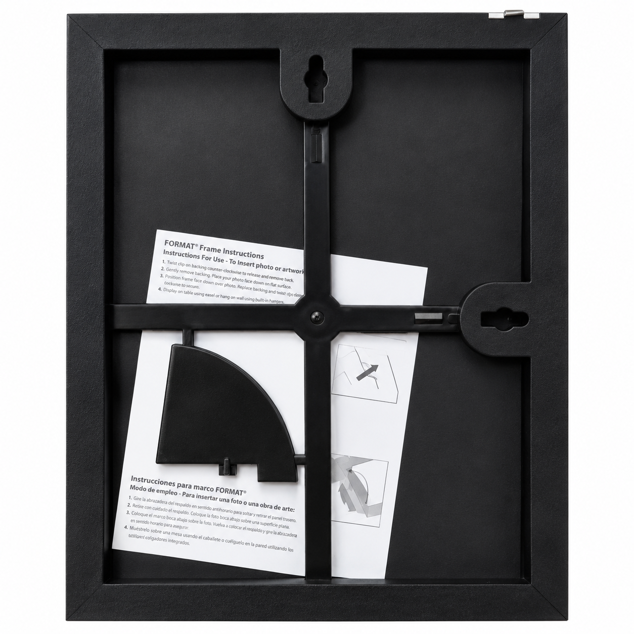 Back of the Pretty in Peony 8x10 black frame showing the built-in easel stand, frame backing, and hardware for wall hanging.