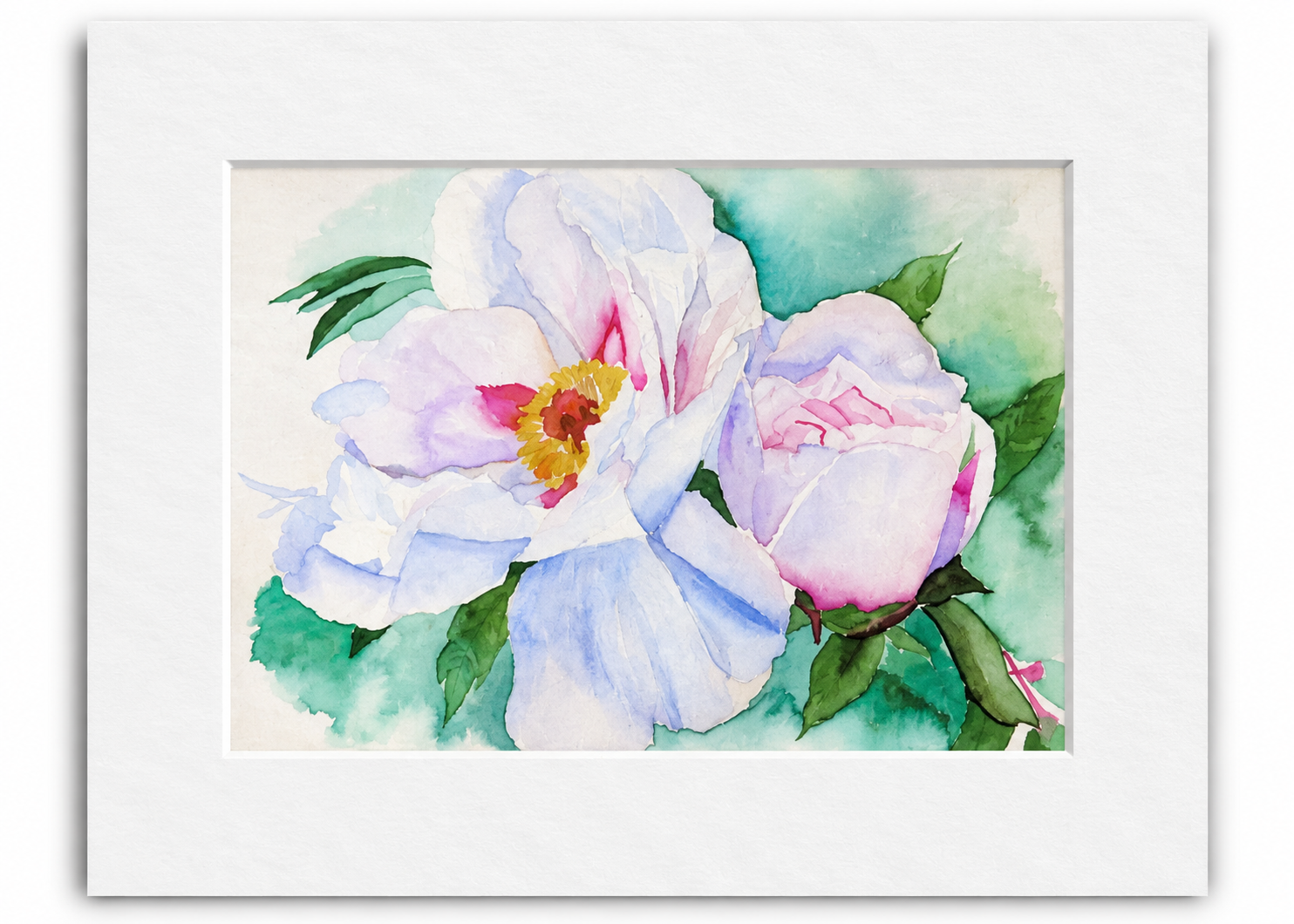 Garden Afterglow 5x7 watercolor print featuring soft white, lavender and blush peonies with green foliage, displayed in a white 8x10 mat.