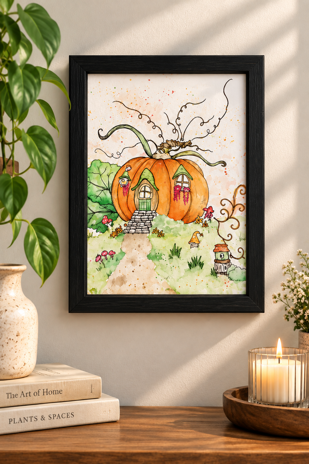 Whimsical Pumpkin House Shelf Vignette.png