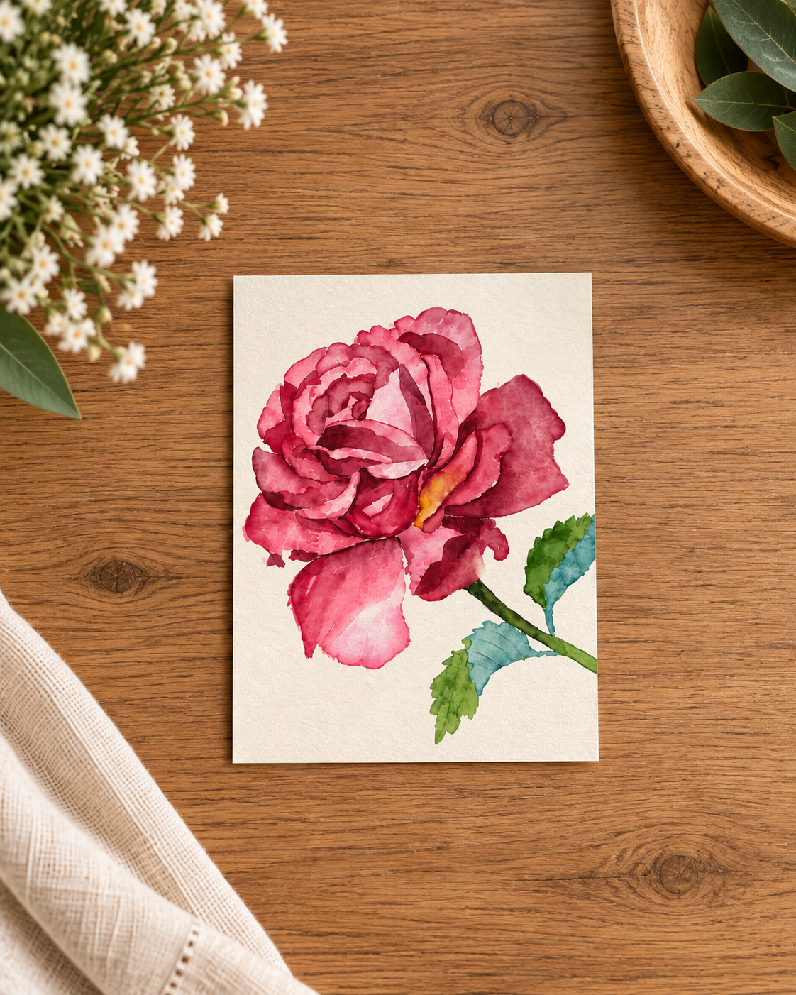 Pink rose watercolor print displayed flat on a warm wood tabletop with soft white flowers, greenery, and neutral styling.