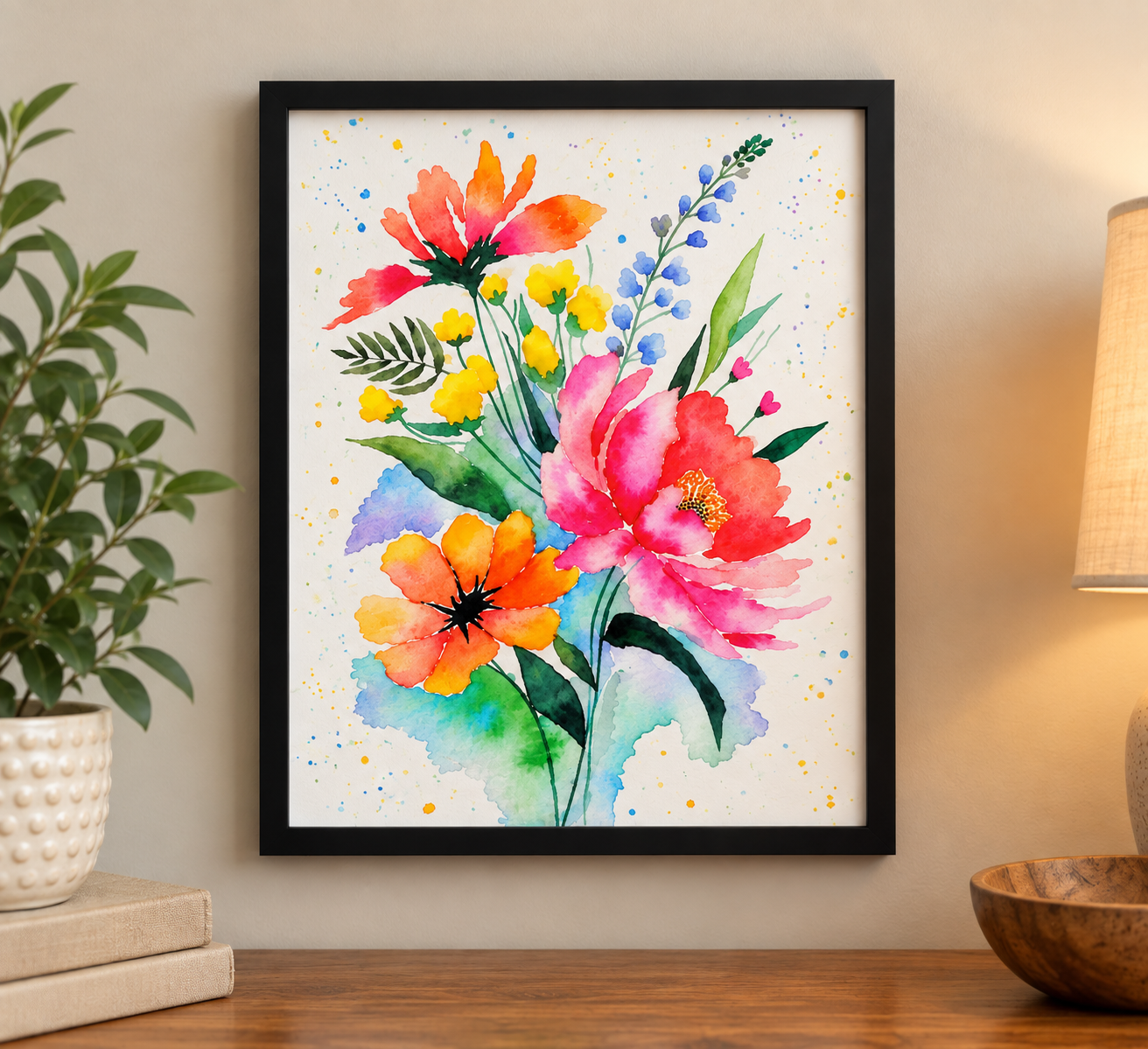 Wildflower Bouquet watercolor art print displayed in a black frame on a warm neutral wall above a wooden console.