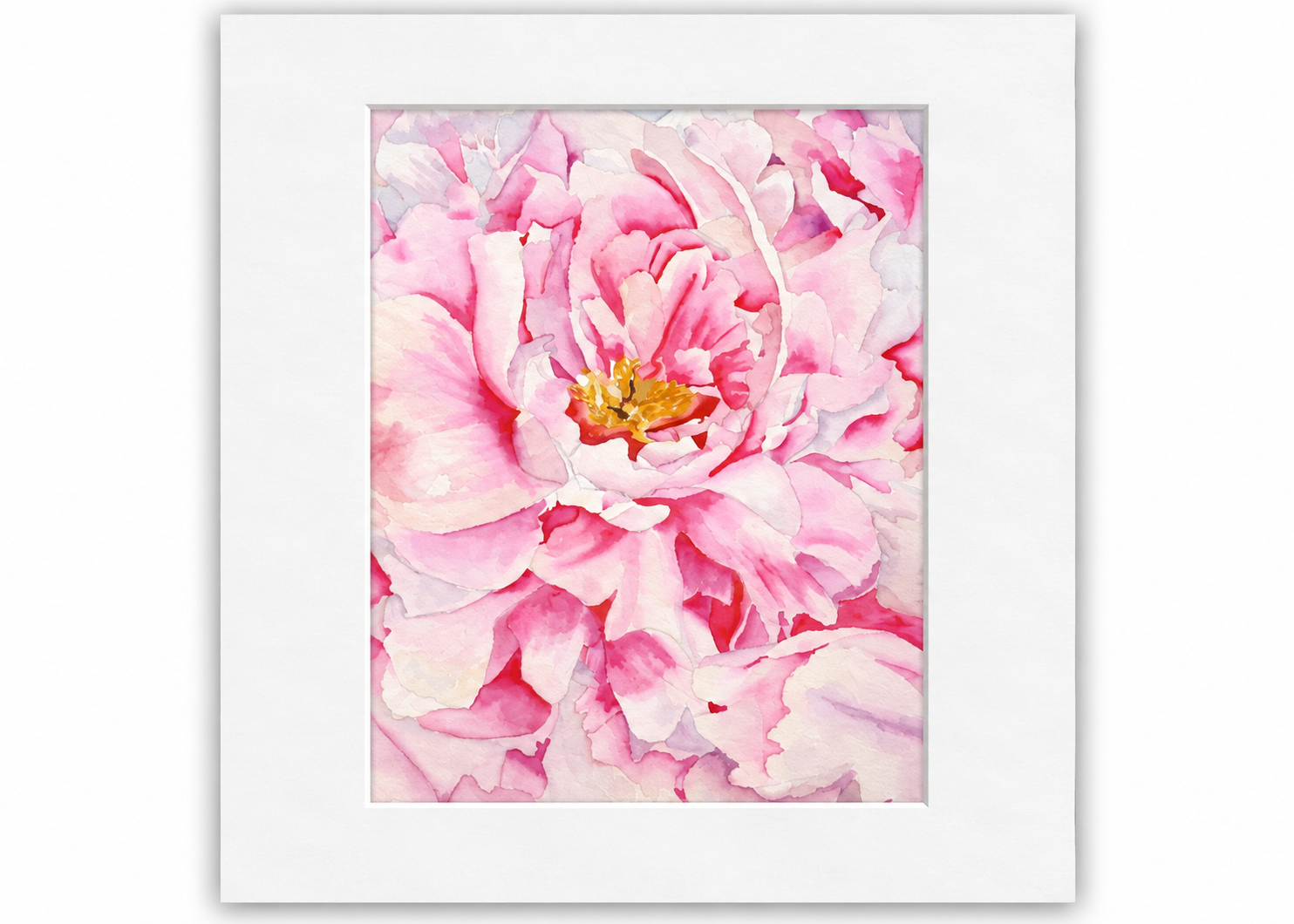 Petals Upon Petals 5×7 watercolor print featuring a close-up pink peony with layered blush petals and a golden center in an 8×10 white mat.