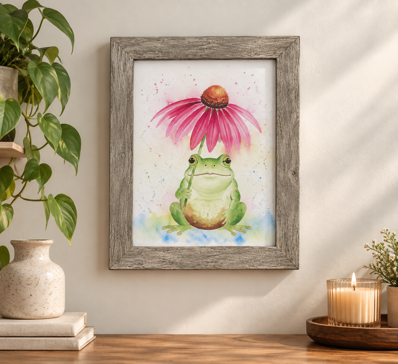 Rain or Shine frog watercolor art displayed in a rustic wood-look frame on a warm neutral wall with plants and cozy decor.