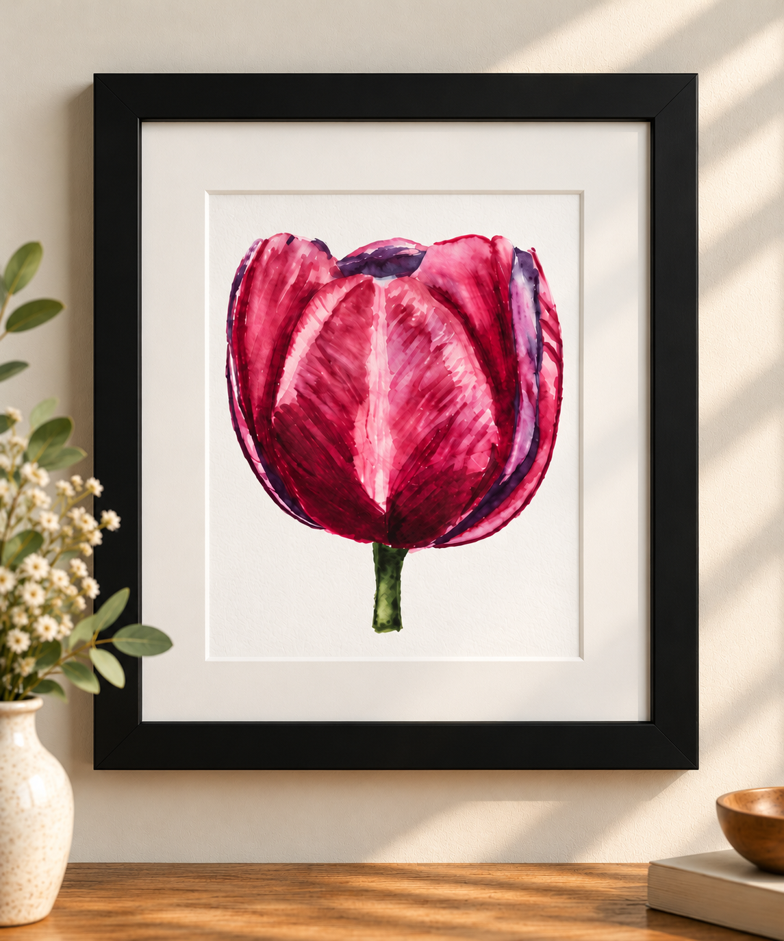 Pink and burgundy watercolor tulip 8×10 print with white 11×14 mat displayed in a solid black frame on a neutral wall.