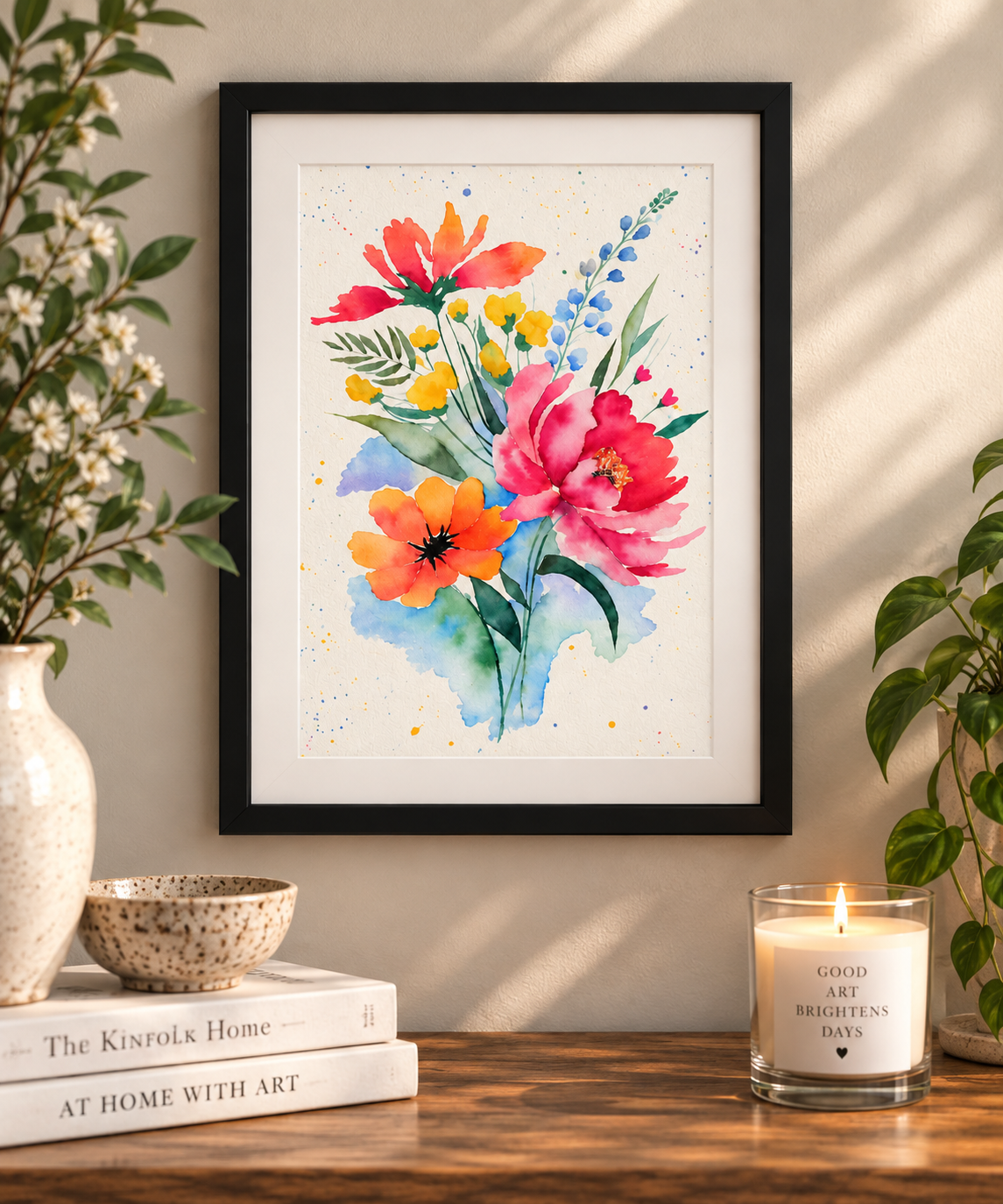 Colorful floral watercolor print in a black frame with a white mat, displayed on a warm neutral wall with plants and cozy botanical décor.