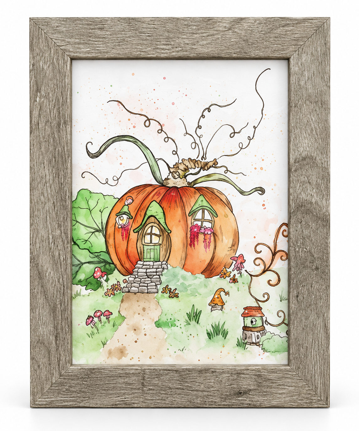 Whimsical Pumpkin Cottage | Autumn Watercolor Framed Art | 5x7