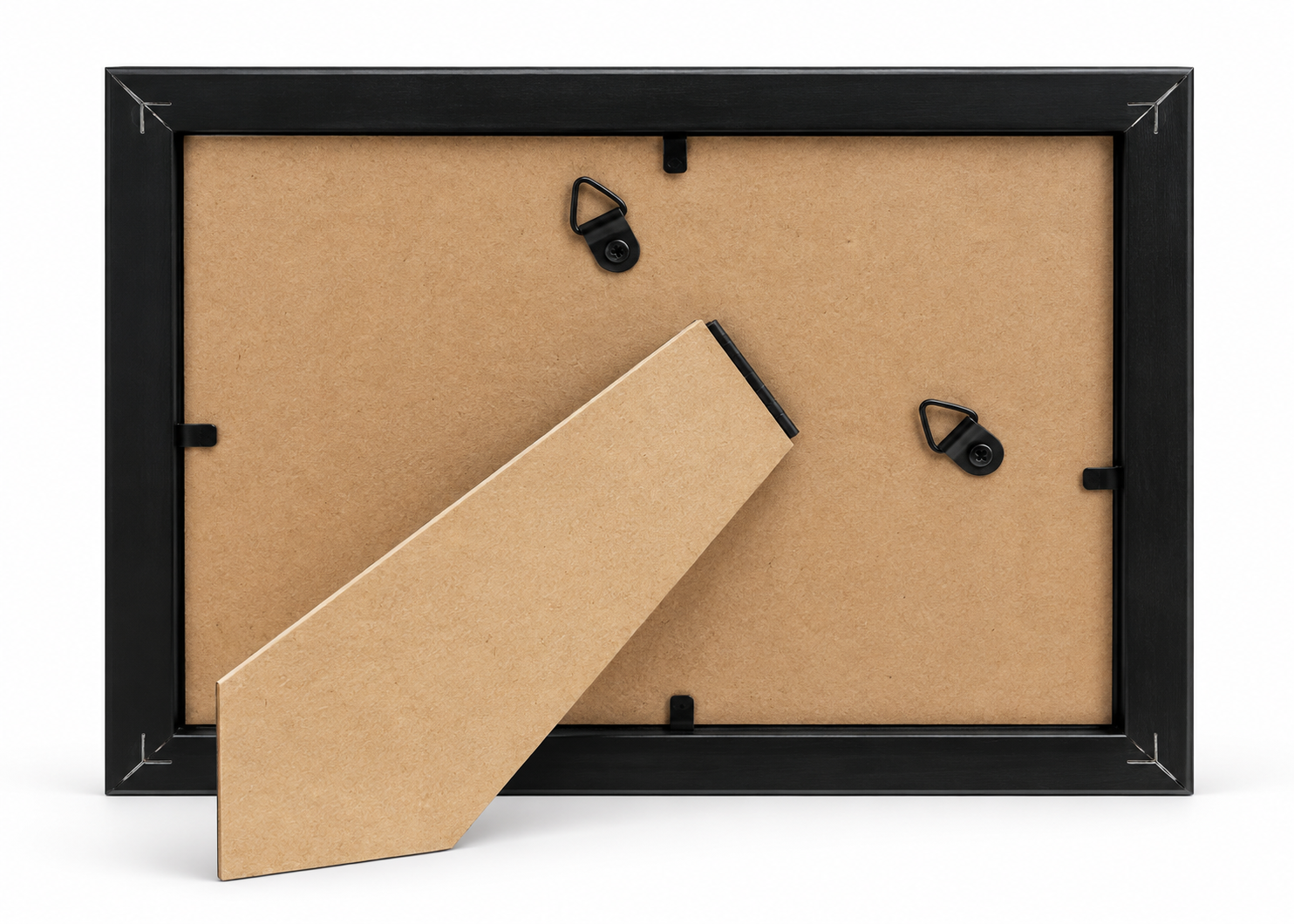 Back view of the Midnight Bloom black frame showing the tan backing, easel stand, hanging hardware, and frame fasteners.