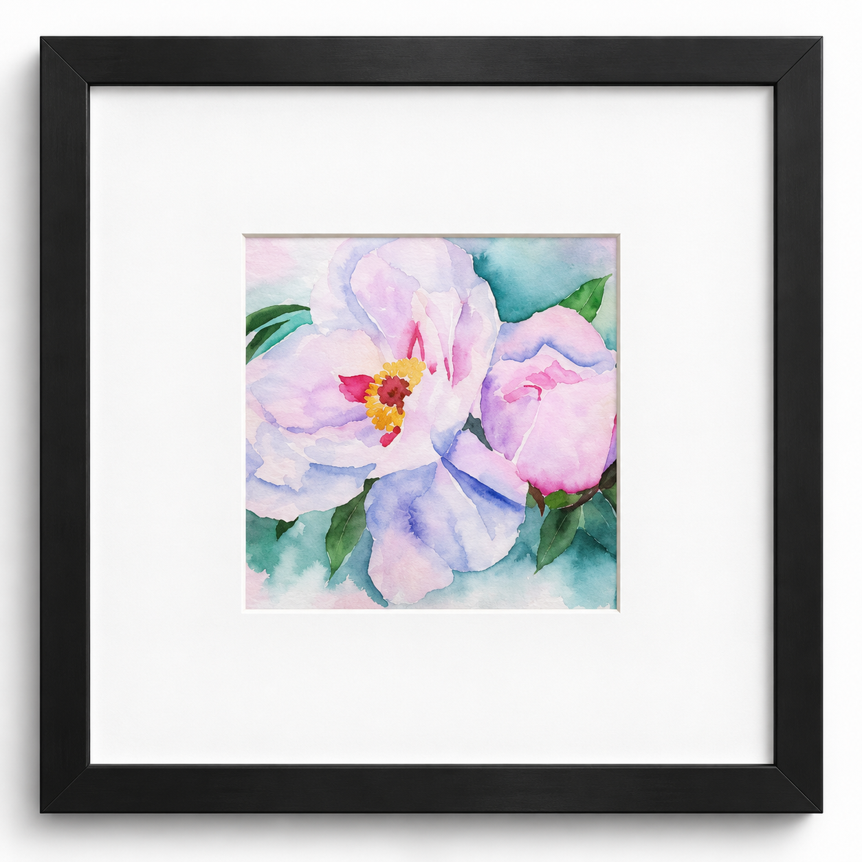 Garden Afterglow 4x4 floral watercolor print featuring soft pink and lavender flowers with green and blue accents, matted in an 8x8 black frame.