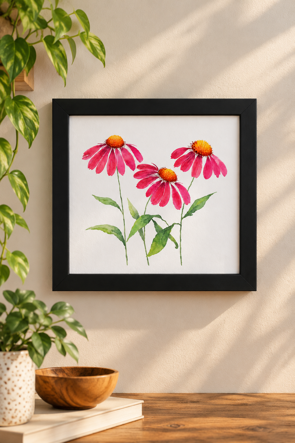 Pink Cosmos 8x10 framed watercolor print featuring three vibrant pink flowers with orange centers and green leaves, displayed in a black frame on a warm neutral wall.