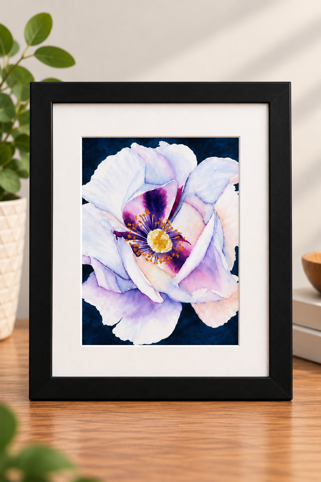 Watercolor floral print featuring a white and lavender flower with purple and golden details against a deep navy background, displayed with a white mat in a black frame.