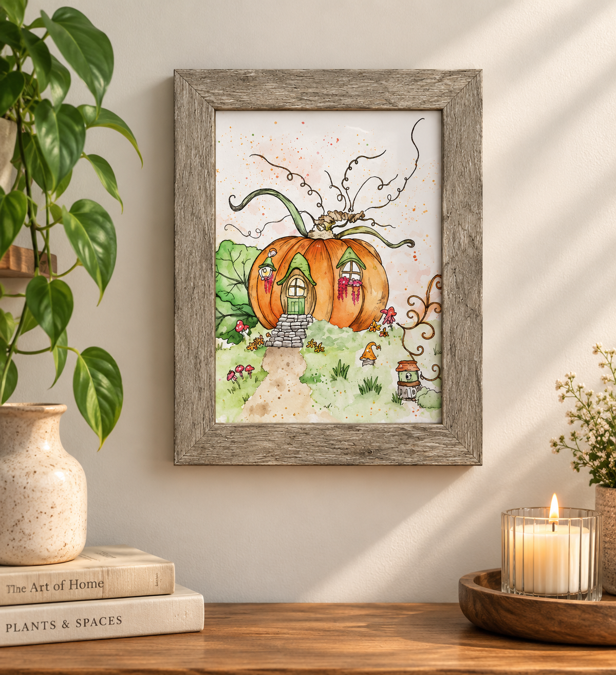 5x7 Pumpkin Cottage watercolor displayed in a rustic gray wood-look frame on a warm neutral wall with cozy botanical decor.