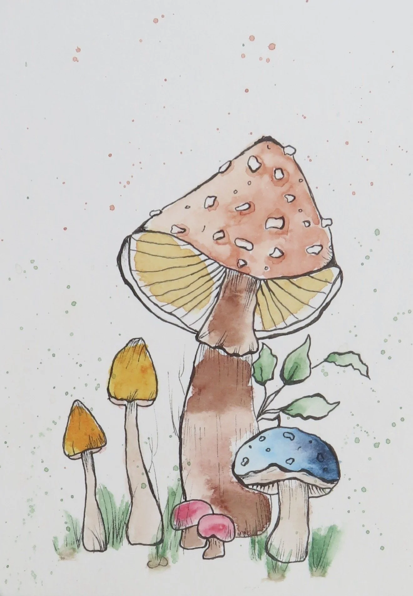 A watercolor illustration featuring a humanoid mushroom character with a large pink cap, yellow and black gills, and a brown stem body, surrounded by various smaller mushrooms, grass, and leaves.
