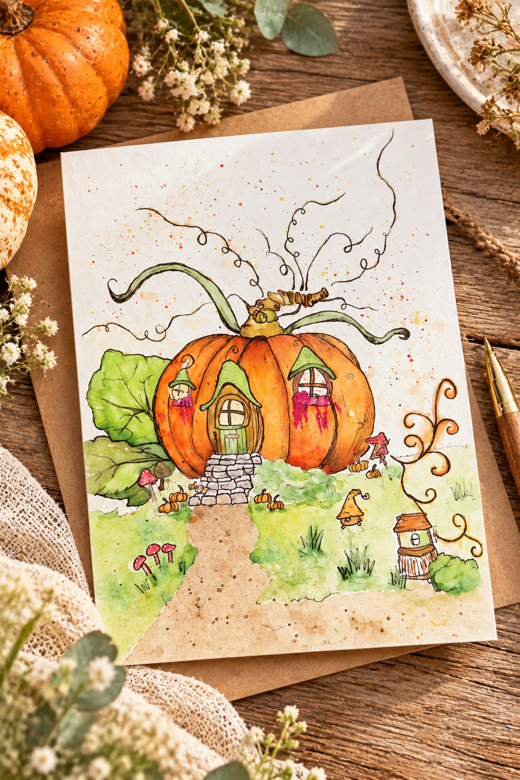 Whimsical Pumpkin Cottage | Watercolor Greeting Card | 5x7