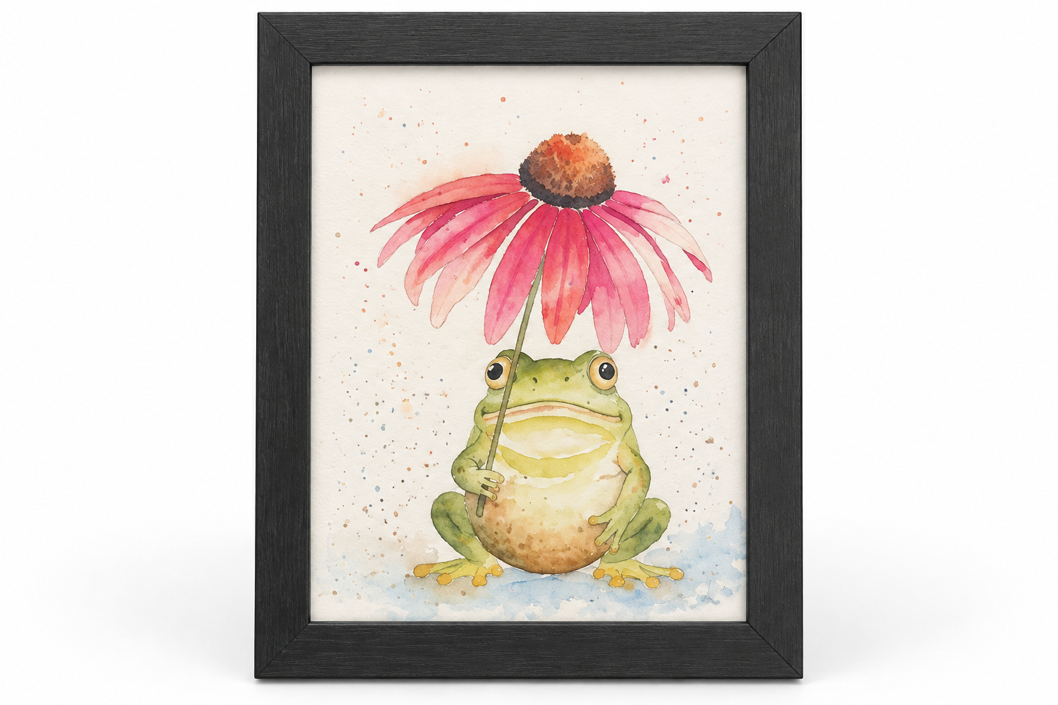 5x7 framed watercolor print of a green frog holding a pink coneflower like an umbrella in a black frame.