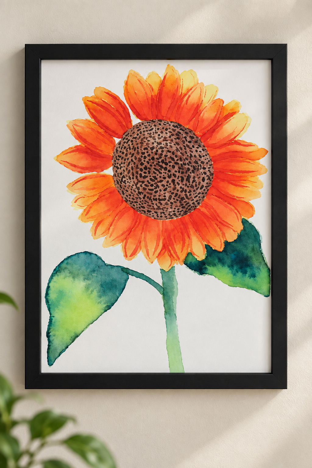 Golden Hour 5x7 sunflower watercolor print displayed in a black frame on a warm neutral wall, featuring orange-gold petals and green leaves.