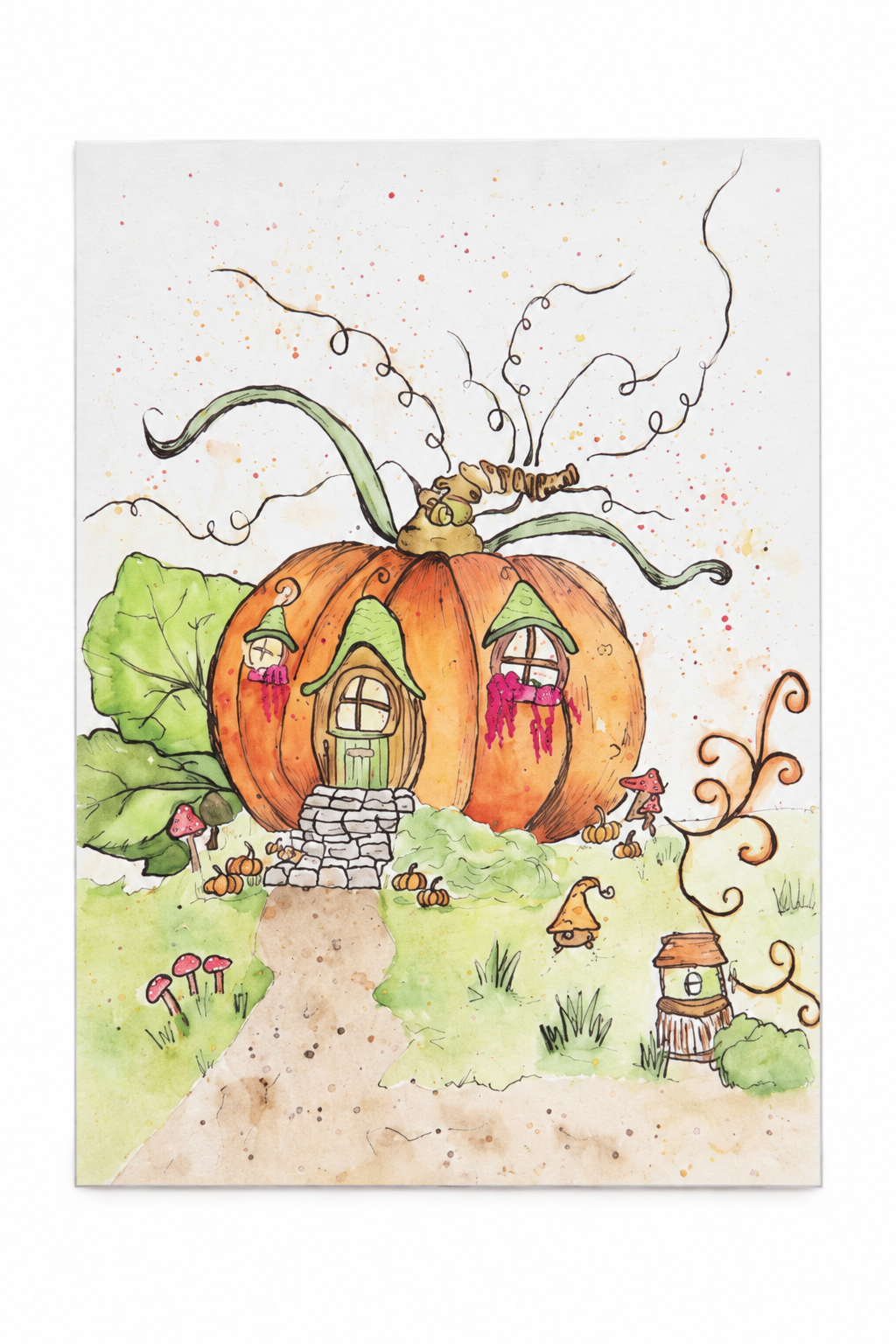 Pumpkin Cottage Whimsical Watercolor Greeting Card – 5" x 7"
