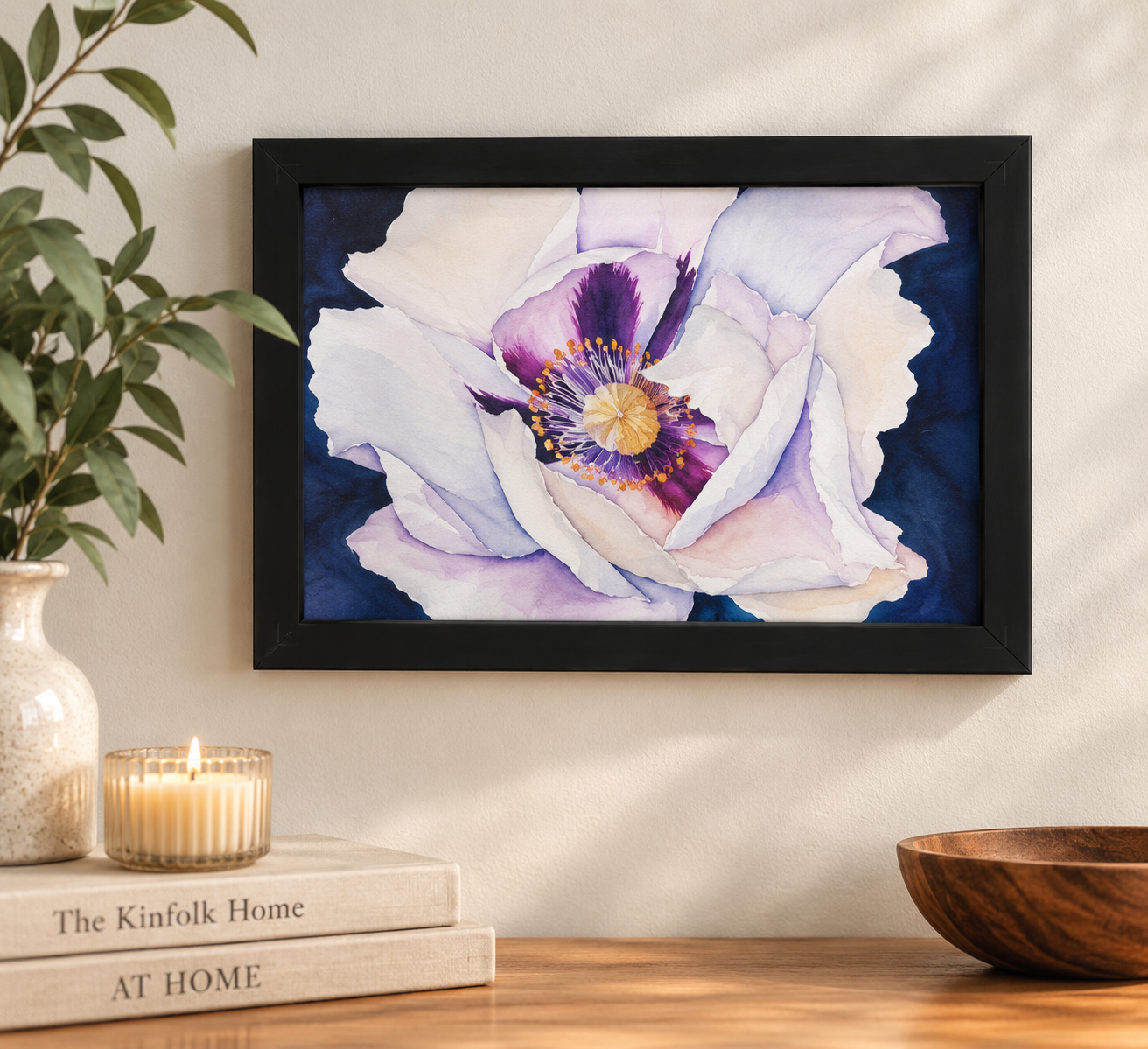 Midnight Bloom | White & Purple Floral Watercolor Framed Art