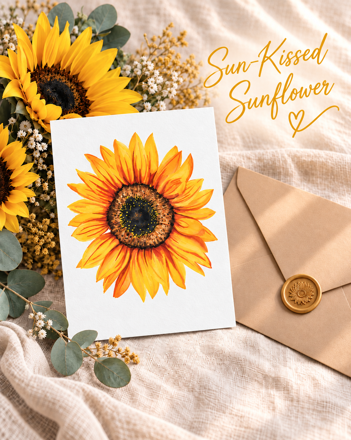 Watercolor sunflower greeting card with a kraft envelope and gold wax seal