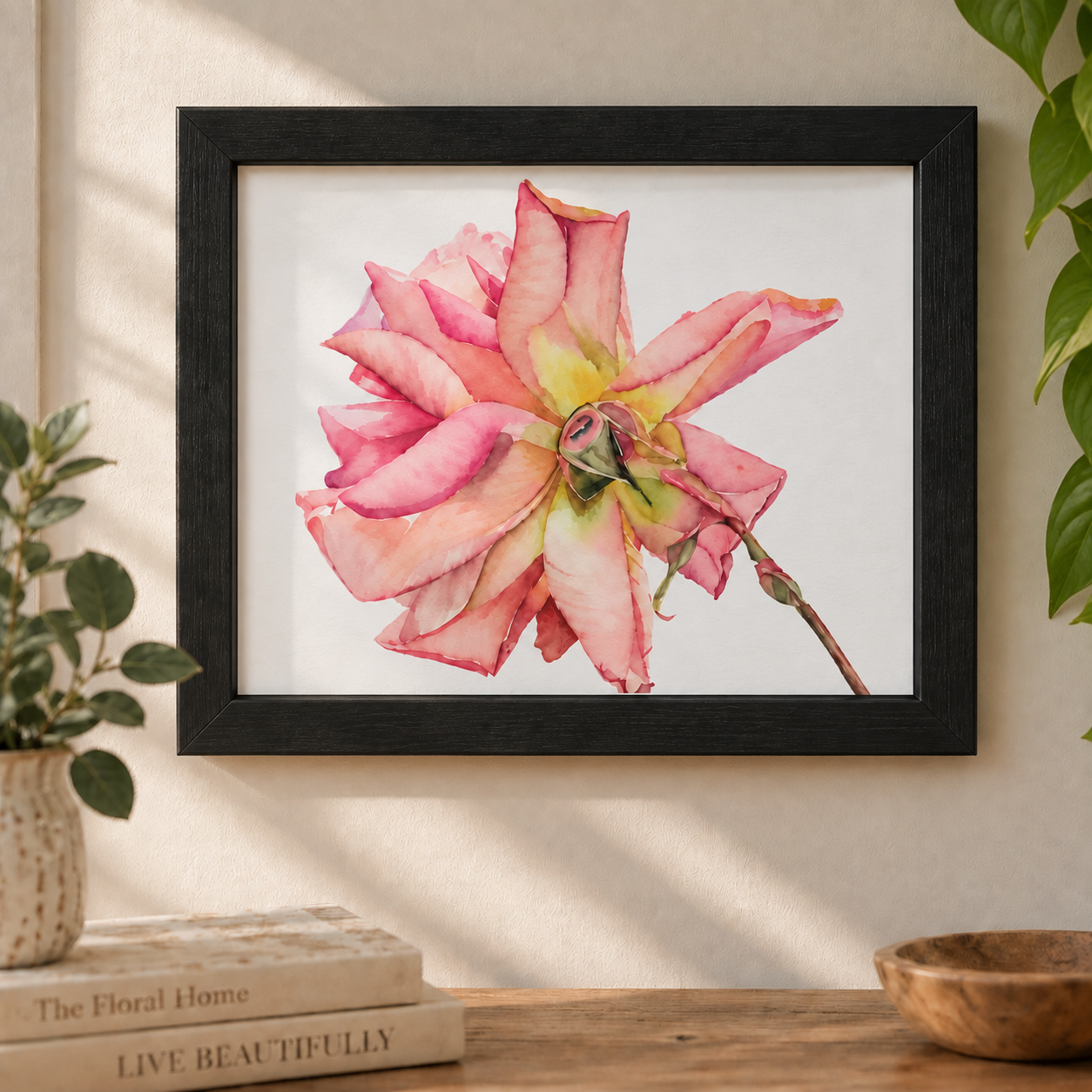 Pink watercolor flower print displayed in a simple black 8x10 frame on a warm neutral wall with soft natural light and botanical decor.