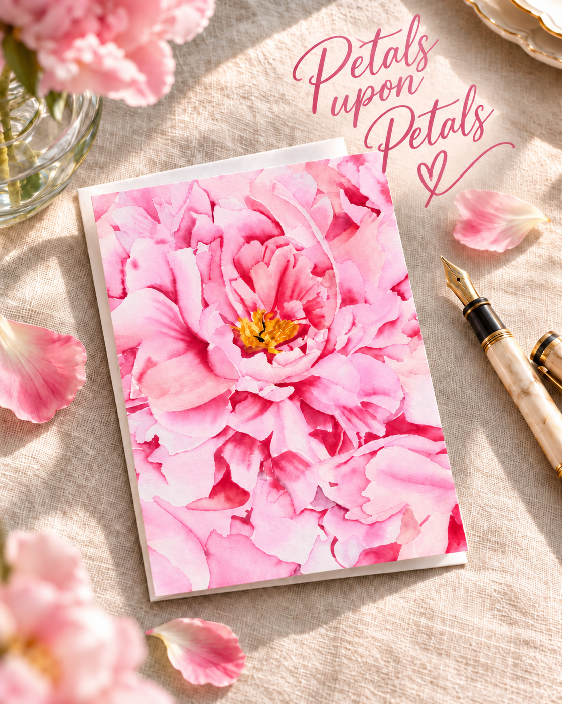 Pink watercolor peony greeting card with a fountain pen and rose petals