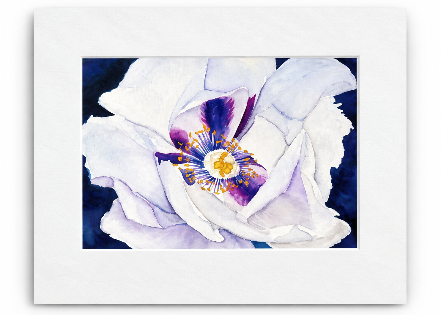 Quiet Bloom 5x7 watercolor floral print featuring a white and lavender flower with purple and gold center, displayed in an 8x10 white mat.