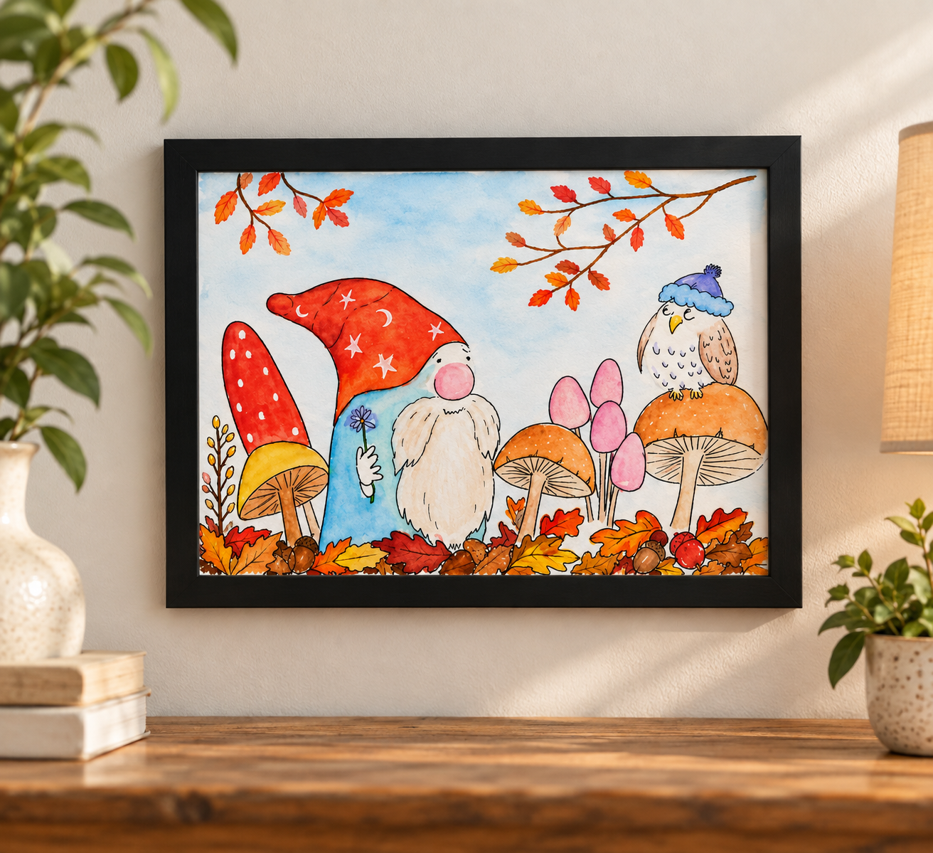 Enchanted Autumn 5x7 woodland watercolor print styled on a wall, featuring a whimsical gnome, mushrooms, owl, and autumn foliage.