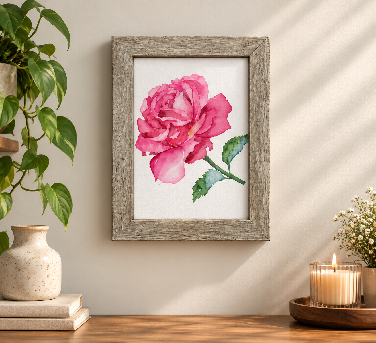 Rose in Bloom | Pink Rose Watercolor Framed Art | 5x7