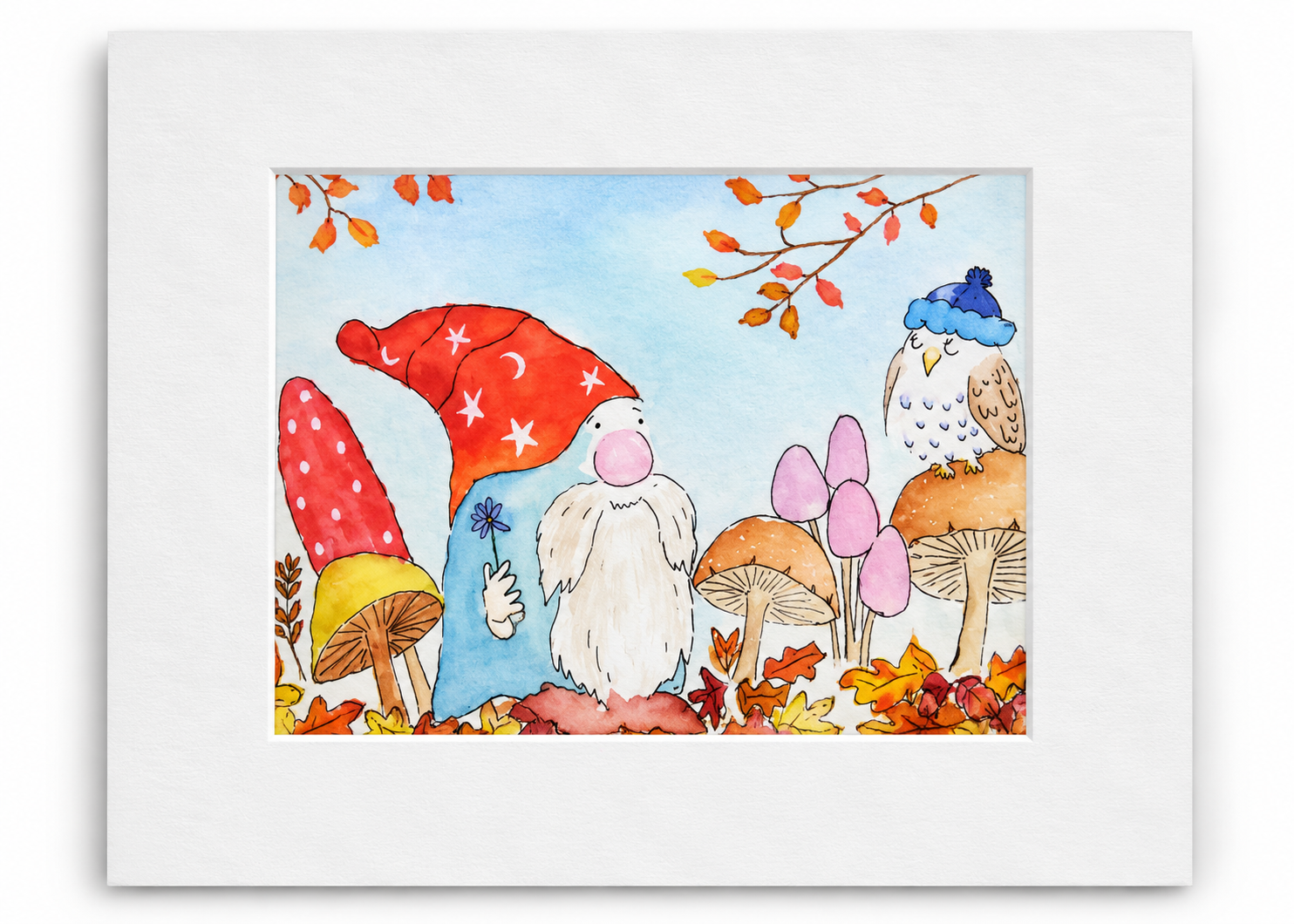 Enchanted Autumn 5x7 watercolor print featuring a whimsical gnome, owl, mushrooms and colorful fall leaves displayed in a white 8x10 mat.