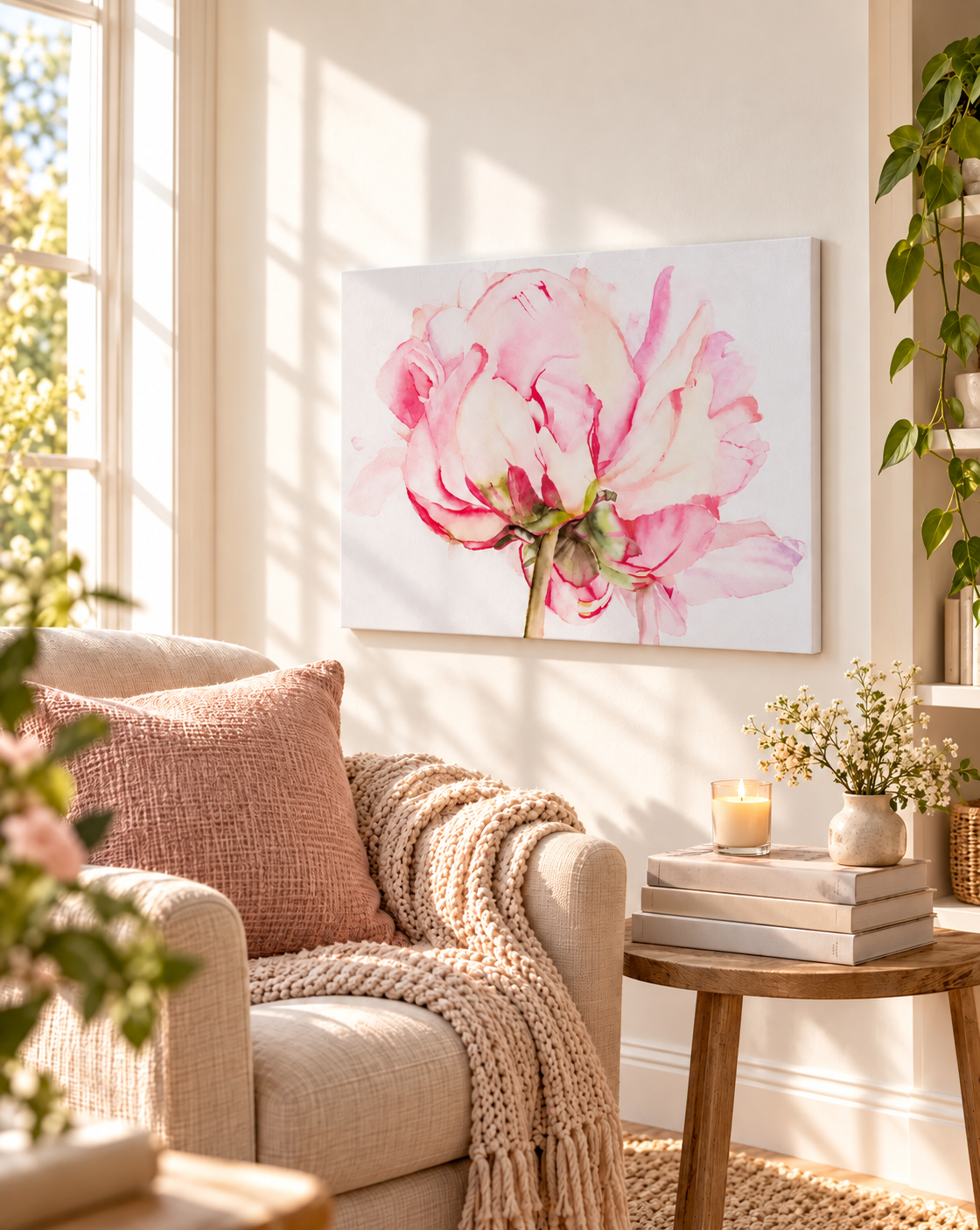 Pink watercolor peony wall art displayed above a cozy cream armchair with a blush pillow and knit throw in a bright, sunlit living room