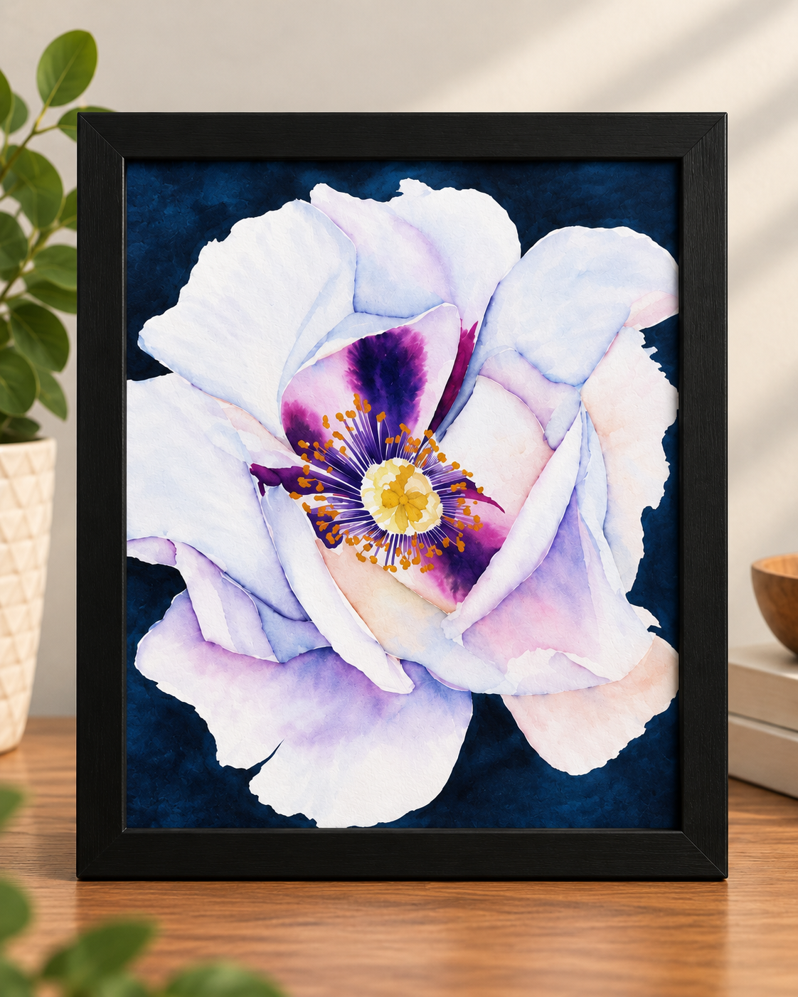 Watercolor floral print featuring a soft white and lavender flower with purple and golden details against a deep navy background, displayed in a simple black frame.
