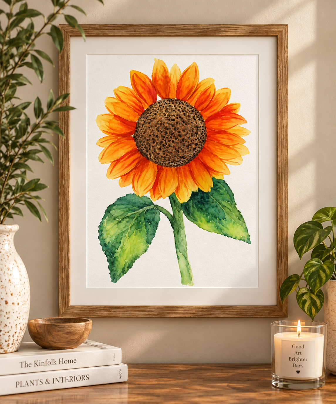 Framed sunflower watercolor print displayed in a natural wood frame on a warm neutral wall, styled with greenery, books, pottery, and a glowing candle.
