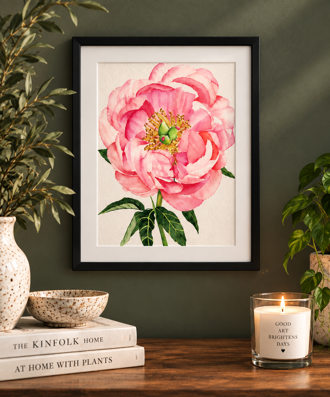 Framed pink peony watercolor print in a black frame displayed on a deep olive-green wall above a warm wood console with plants, books, and a glowing candle.