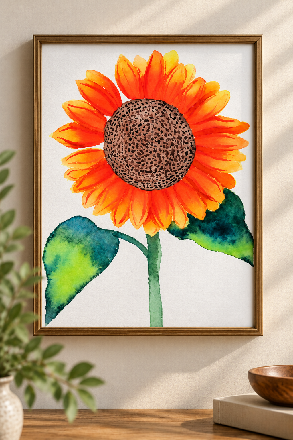Golden Hour watercolor sunflower print featuring bright orange petals and green leaves, displayed in a gold frame on a warm neutral wall.