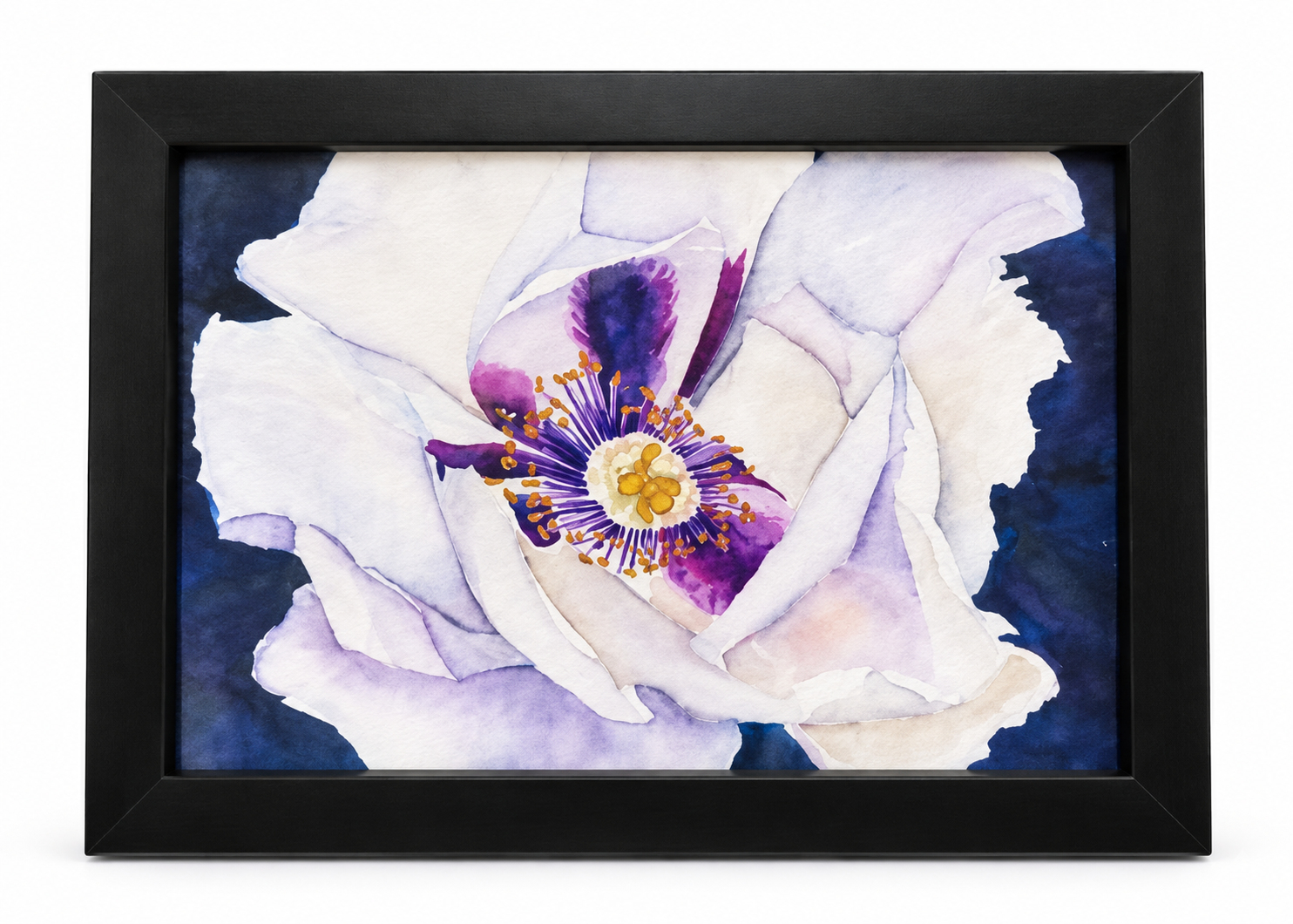 Midnight Bloom watercolor artwork featuring a white and lavender flower with a purple and gold center against a deep navy background in a black frame.