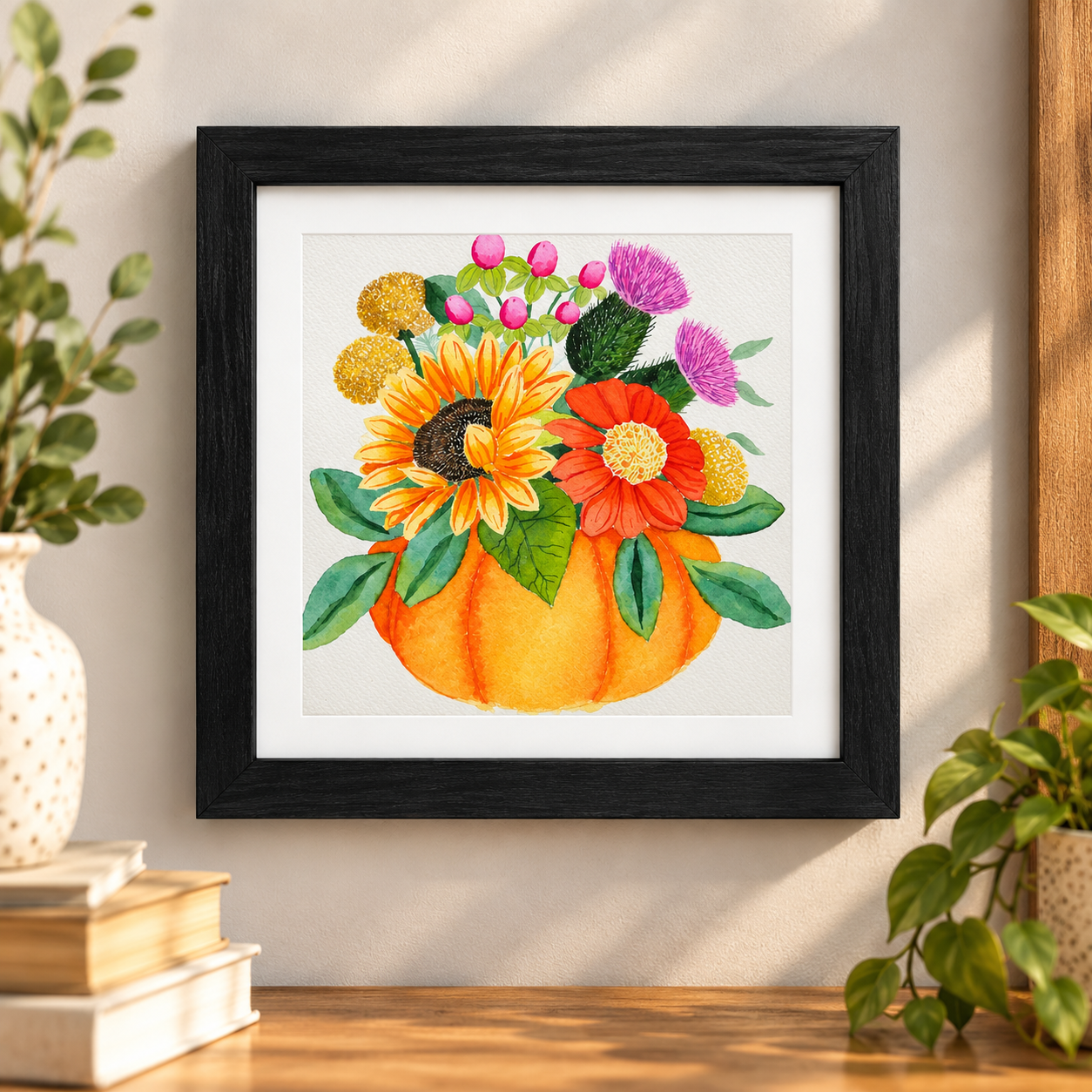 Autumn Abundance framed watercolor print displayed on a warm neutral wall, featuring a colorful autumn floral bouquet in an orange pumpkin.