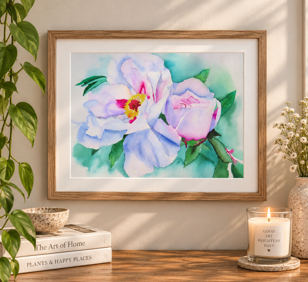 Framed watercolor floral print featuring soft white and lavender blooms with pink accents and green leaves, displayed in a natural wood frame on a warm neutral wall.