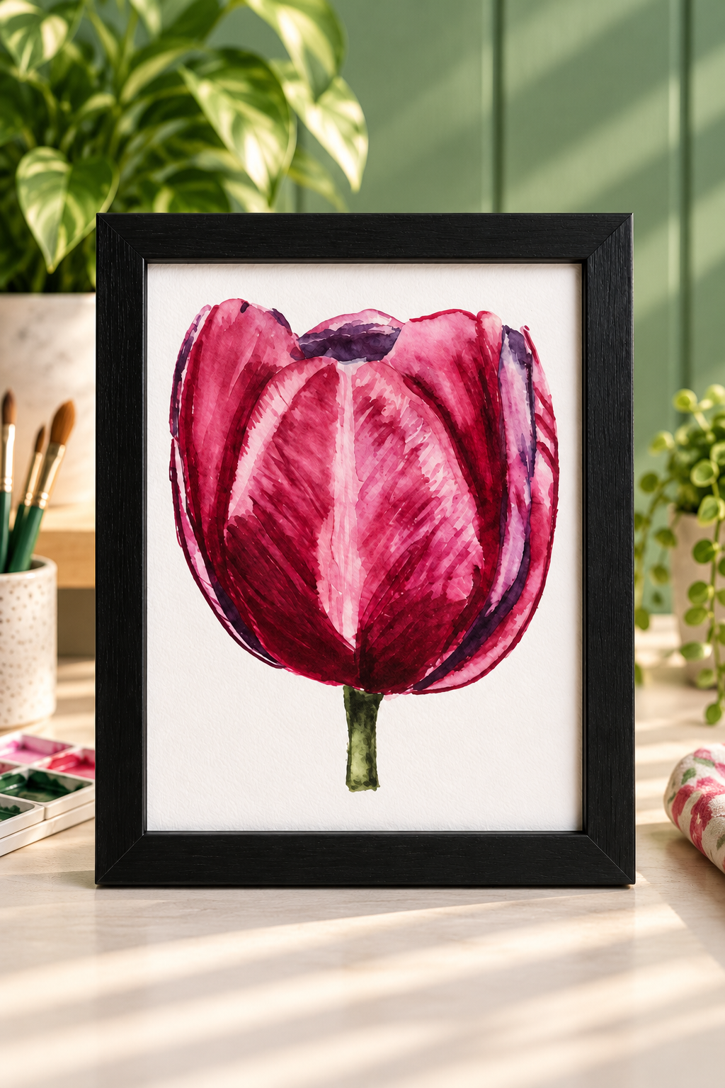 Pink and burgundy watercolor tulip print displayed without a mat in a black frame on a bright artist studio tabletop.