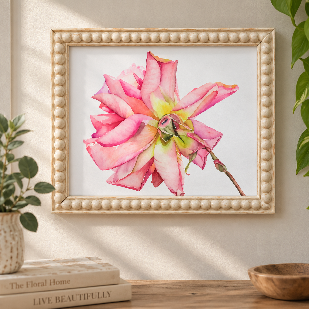Whispering Petals framed pink watercolor flower artwork displayed on a softly styled neutral wall.