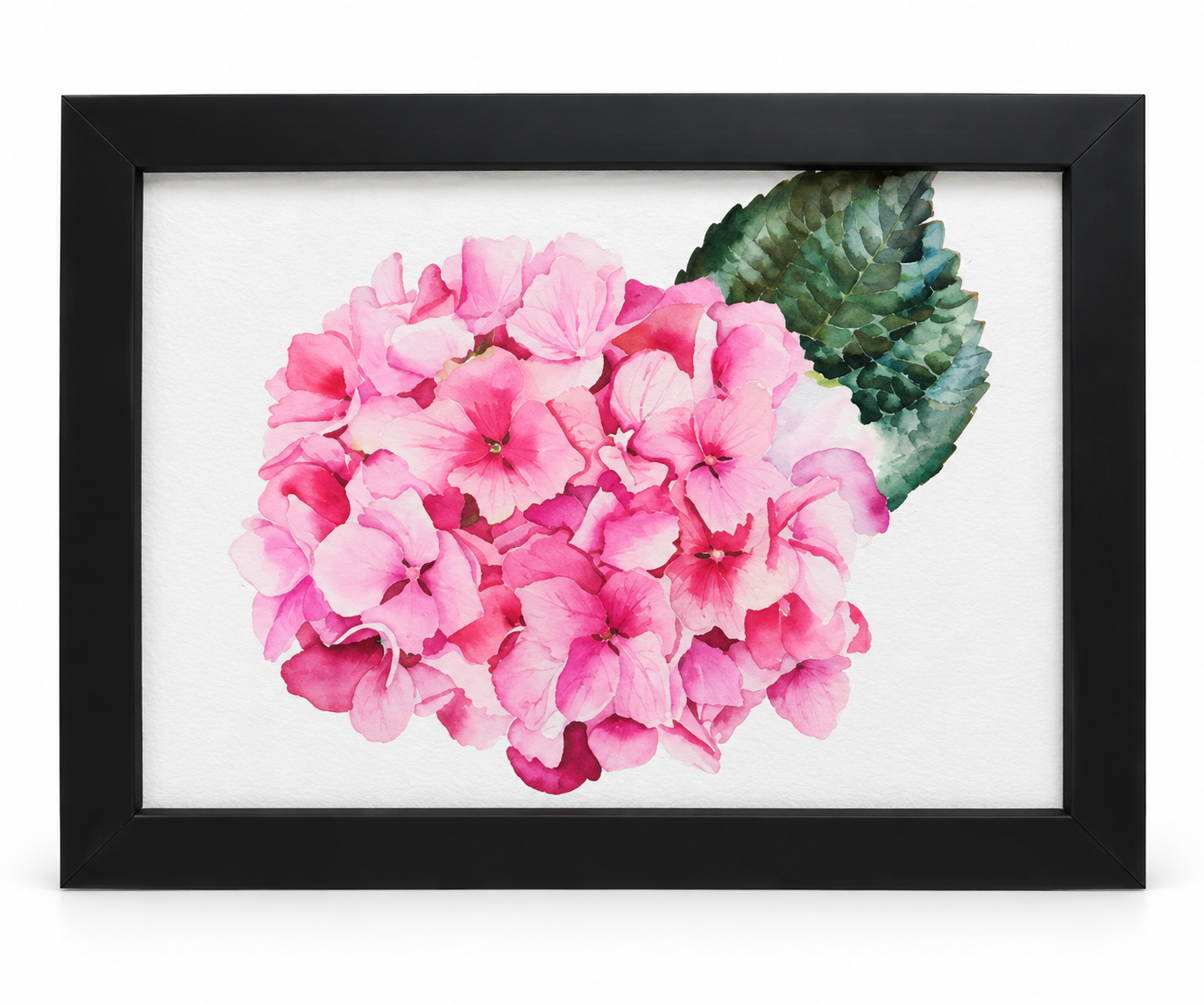 5x7 Blushing Hydrangea watercolor print featuring a vibrant pink hydrangea with deep green leaves in a black frame.