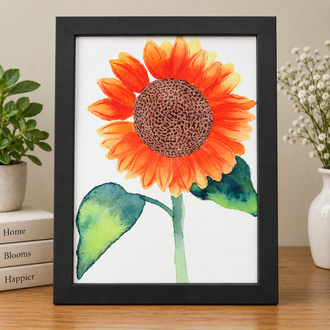 Golden Hour 5x7 watercolor print featuring a bright orange and golden yellow sunflower with a textured brown center and green leaves in a black frame.