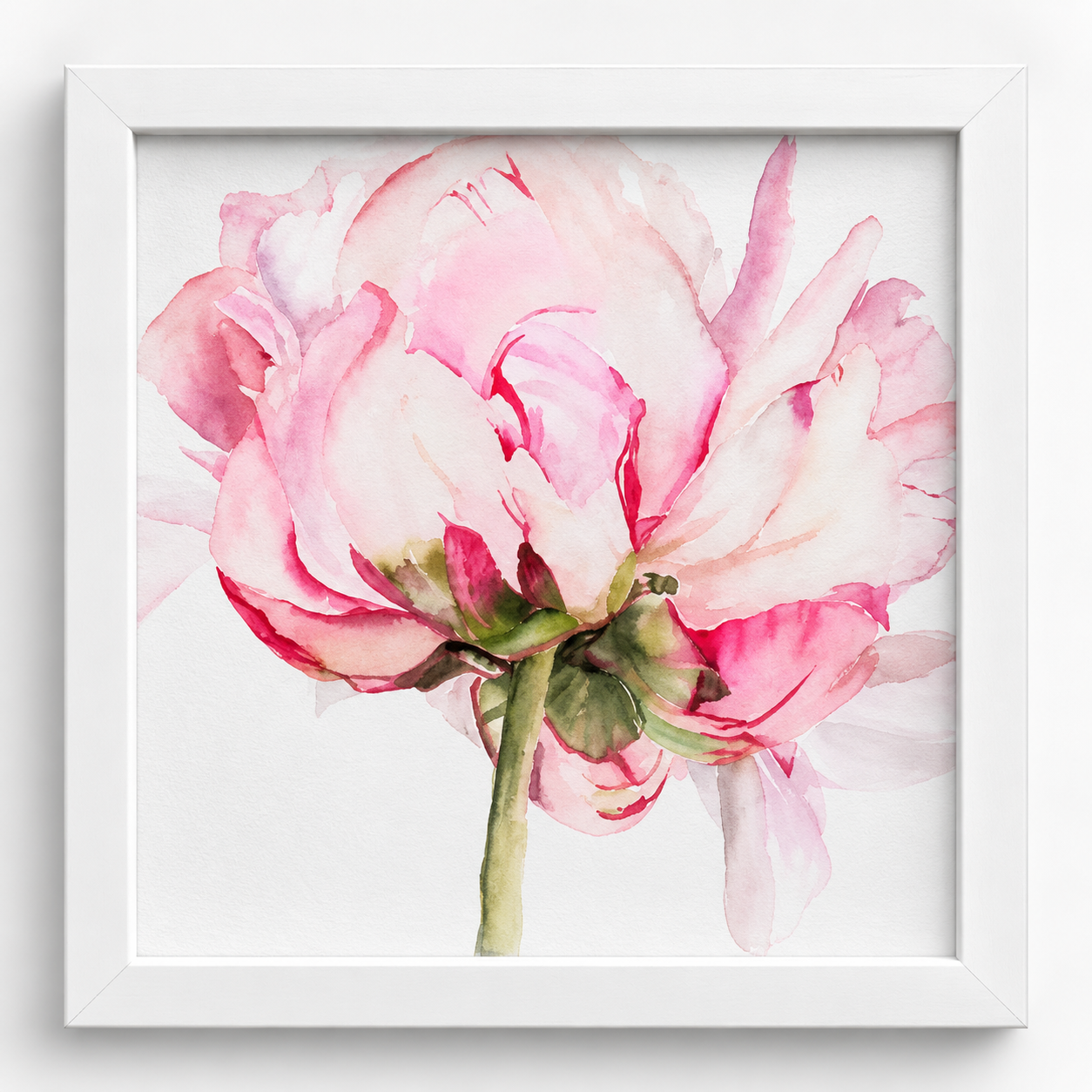 8x8 Blushing Peony watercolor print featuring a soft pink peony with blush petals and green stem in a white square frame.