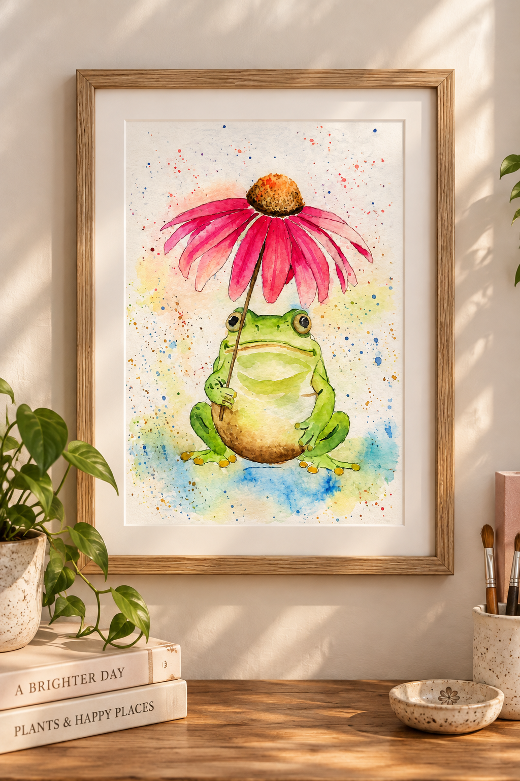 Watercolor frog art print displayed in a natural wood frame on a warm neutral wall, featuring a green frog holding a pink coneflower.