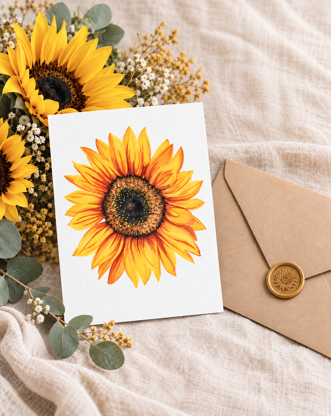 5x7 sunflower watercolor greeting card displayed on neutral linen beside a kraft envelope, fresh sunflowers, eucalyptus, and delicate white flowers.