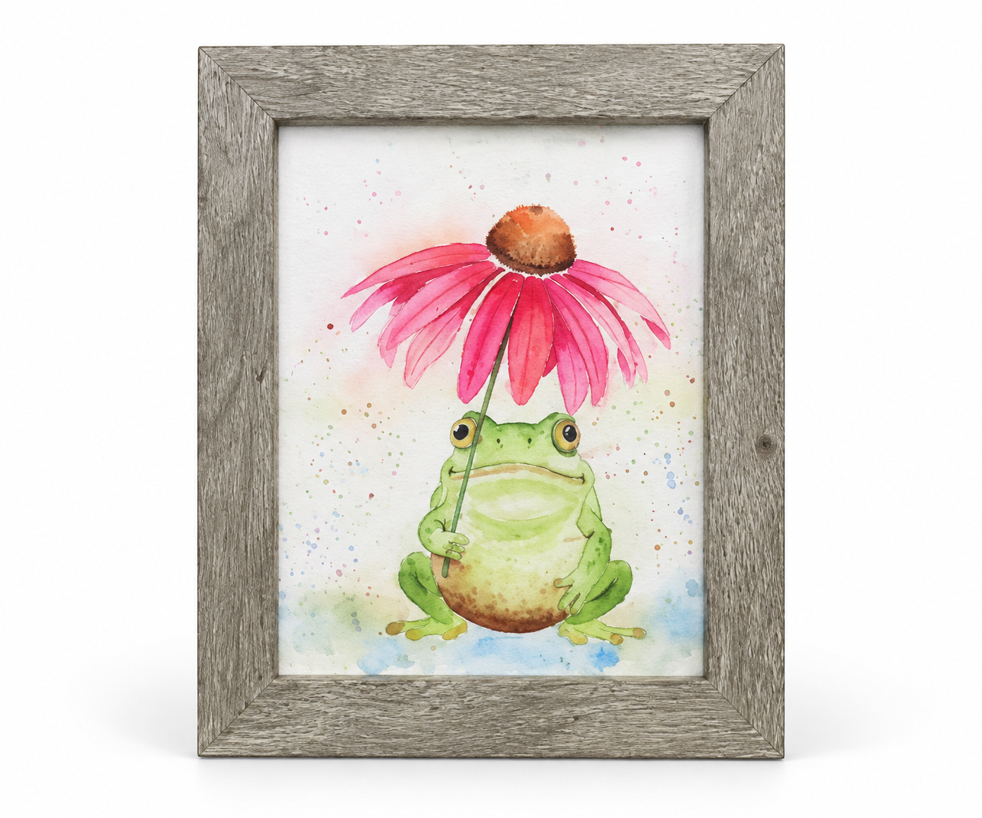 Under the Coneflower – Whimsical Frog Watercolor Framed Art | 5x7