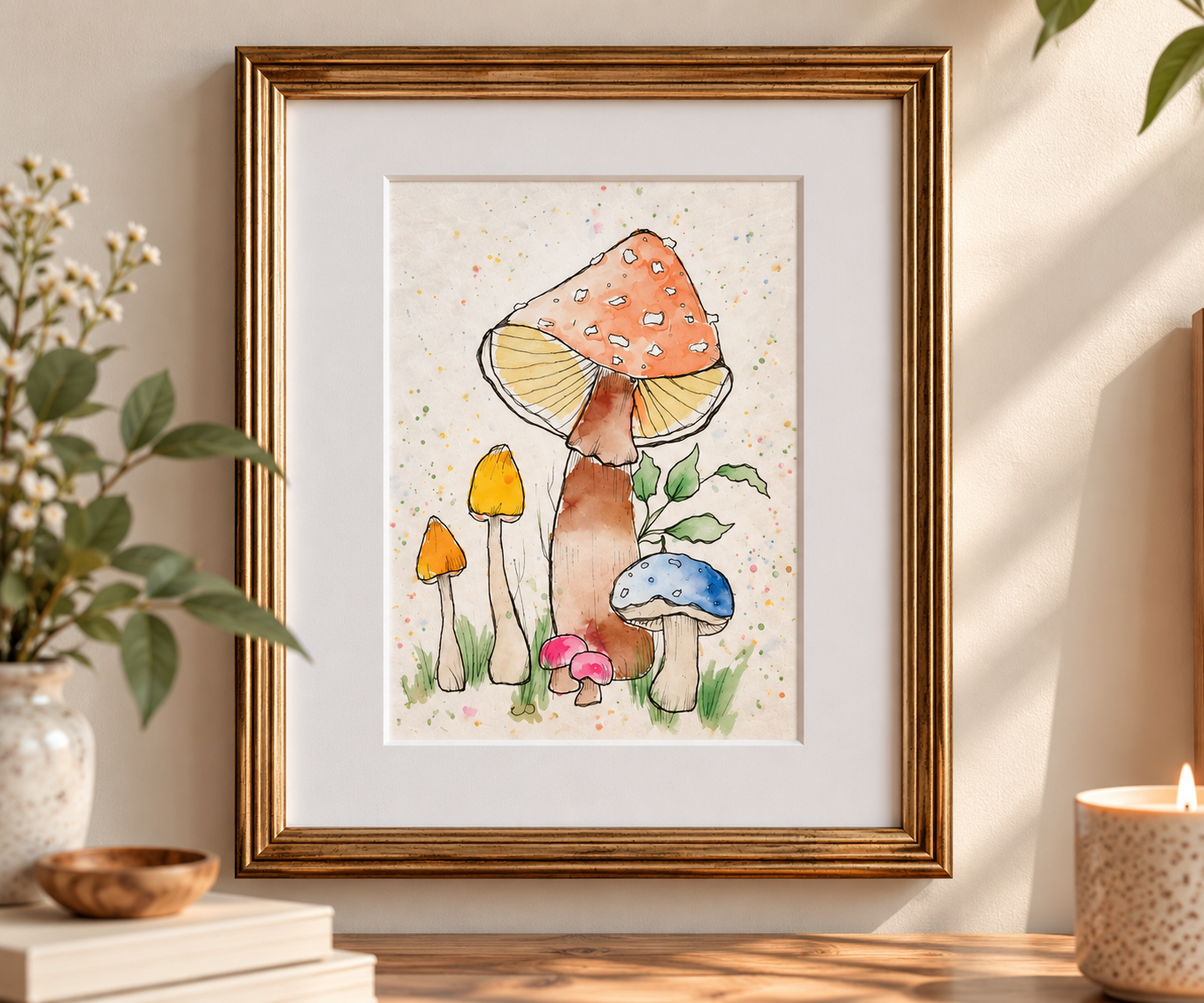 A Little Magic | Whimsical Mushroom Watercolor Print | 5x7 Art in 8x10 Mat