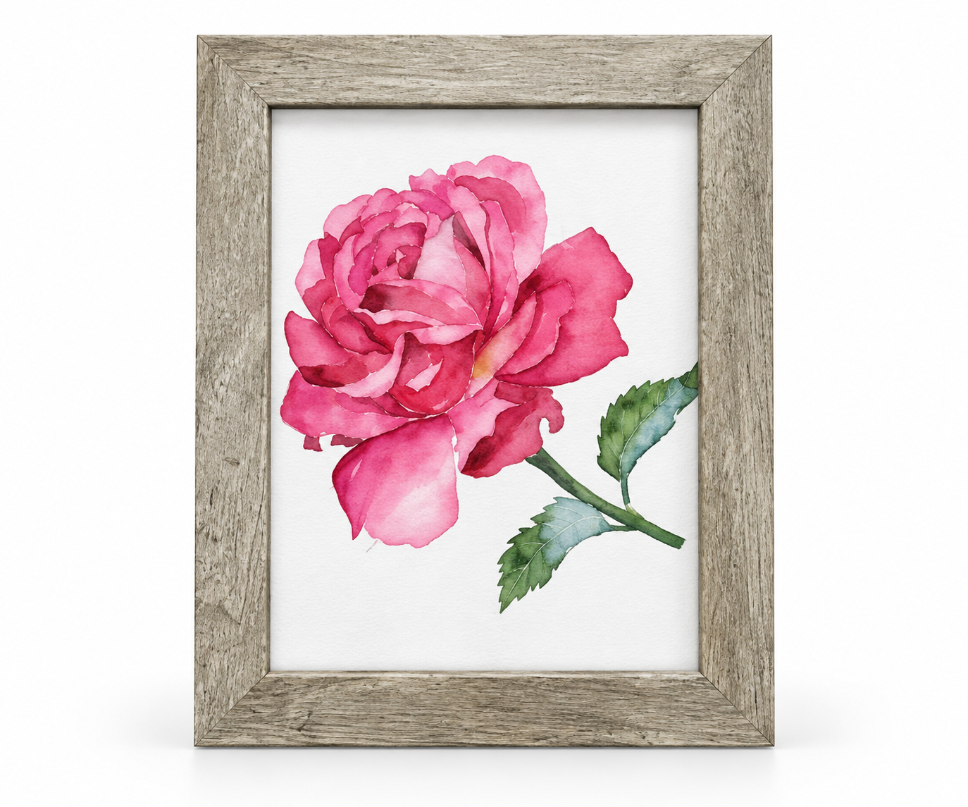 5x7 framed watercolor art featuring a layered pink rose with green stem and leaves in a rustic wood-look frame.