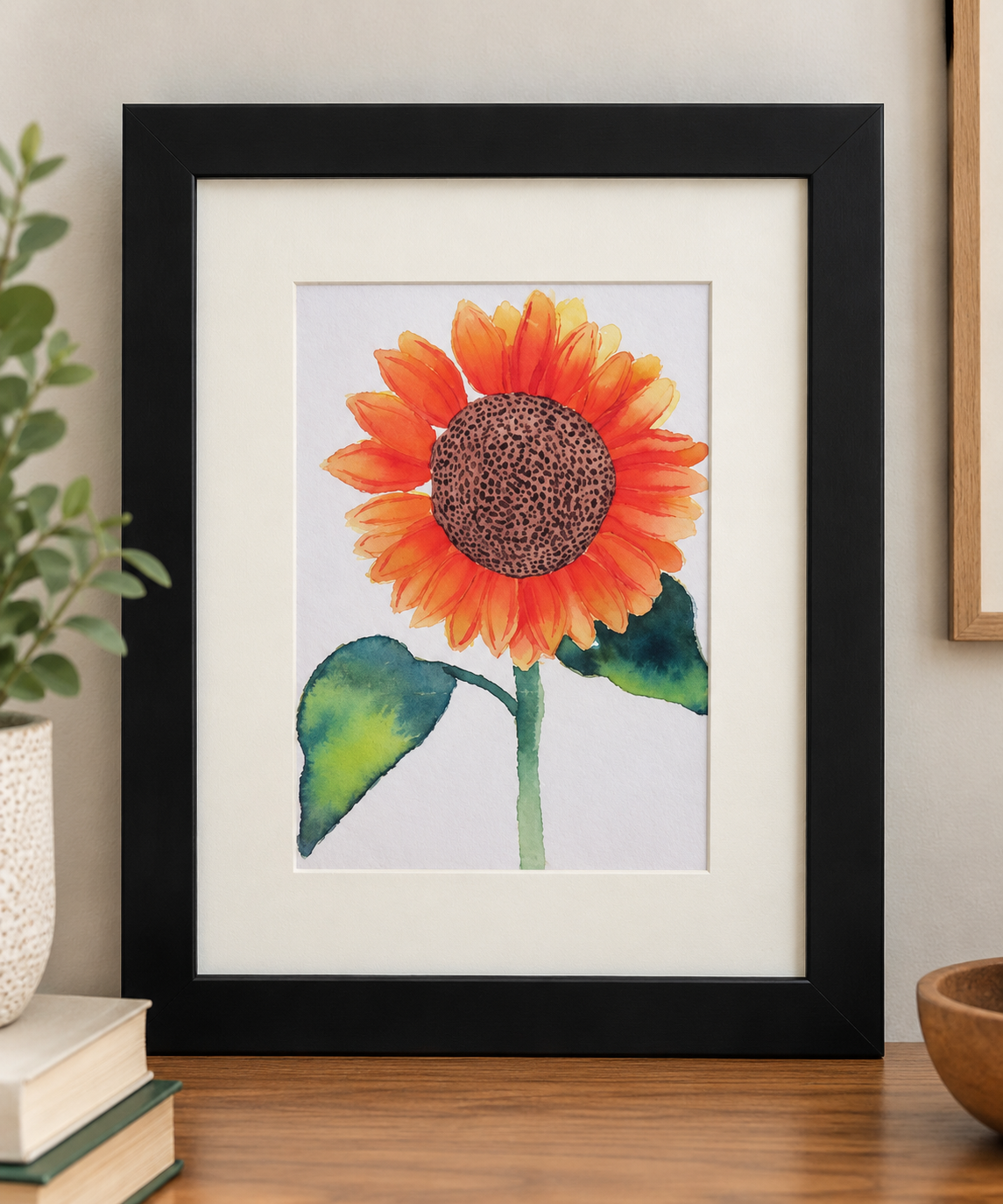 Golden Hour 5x7 sunflower watercolor print displayed in an 8x10 black frame with a white mat.